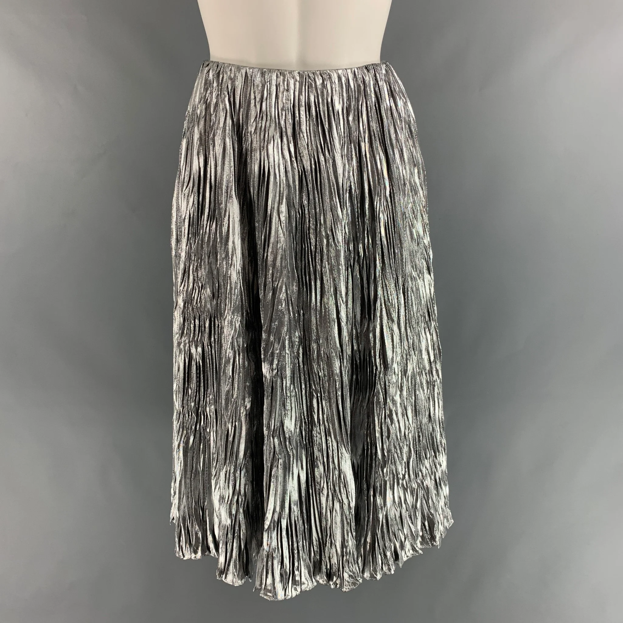 RALPH LAUREN Size 2 Silver Silk Metallic Wrinkled A-Line Skirt