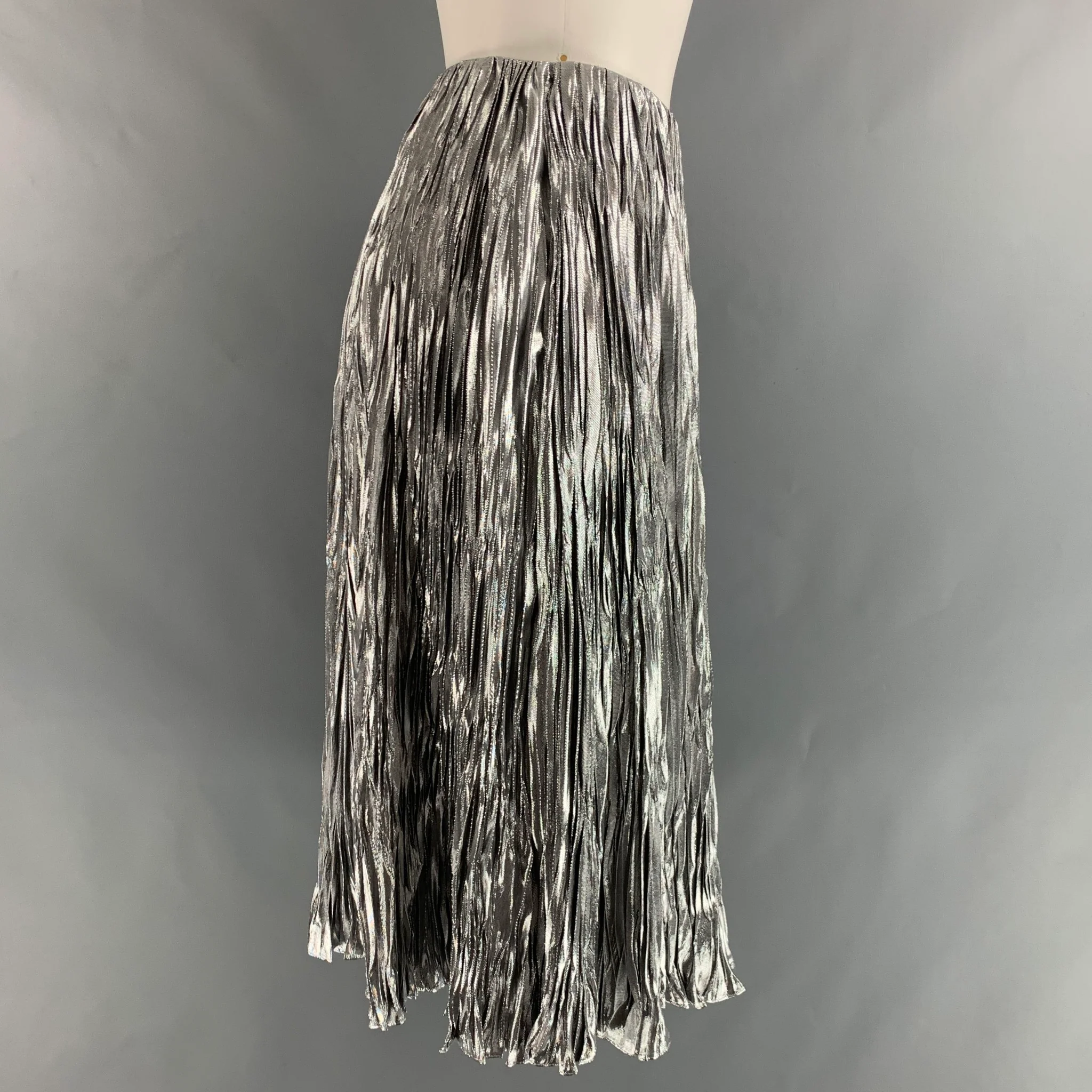 RALPH LAUREN Size 2 Silver Silk Metallic Wrinkled A-Line Skirt - Image 3