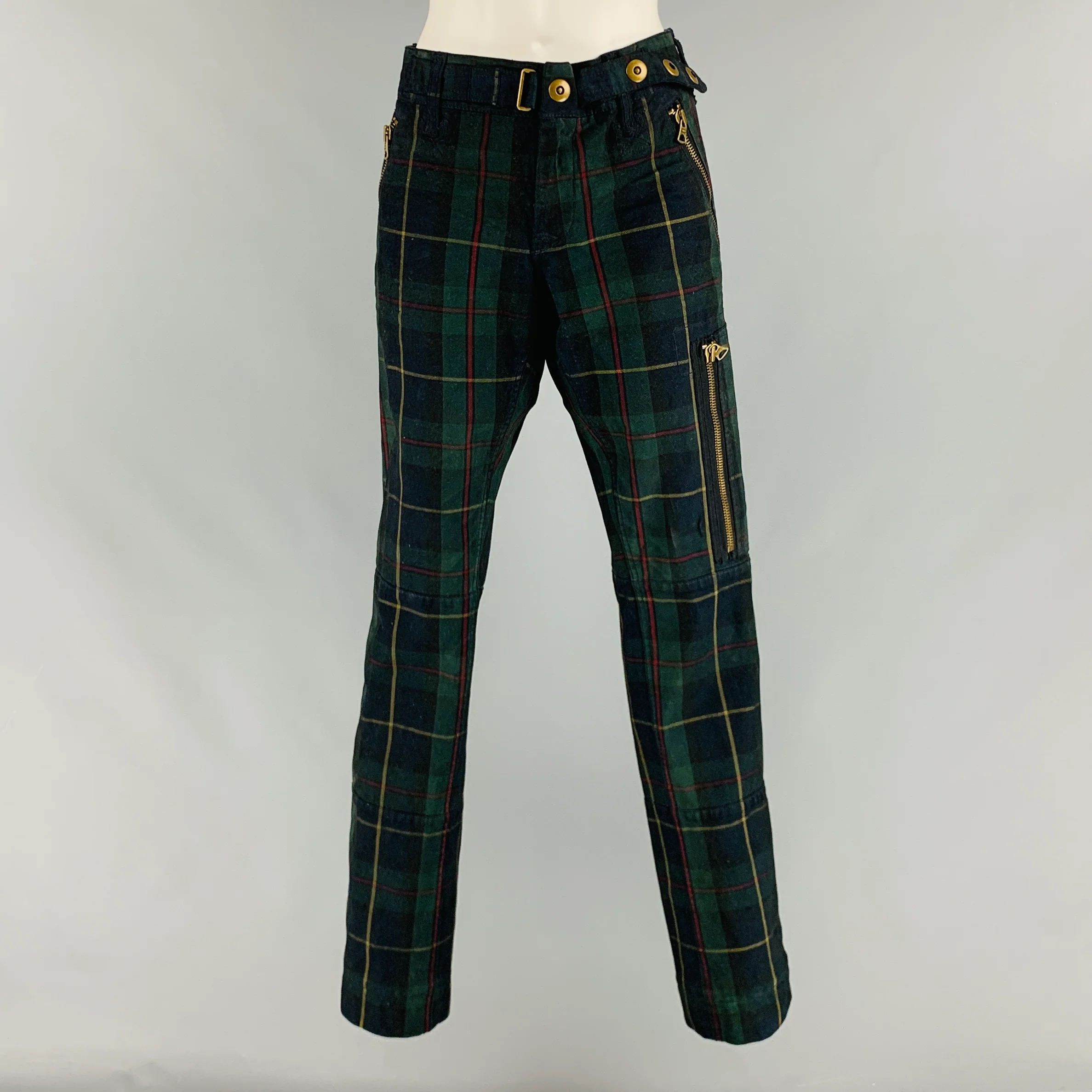 RALPH LAUREN Size 34 Navy Green Cotton Elastane Plaid Low Rise Casual Pants