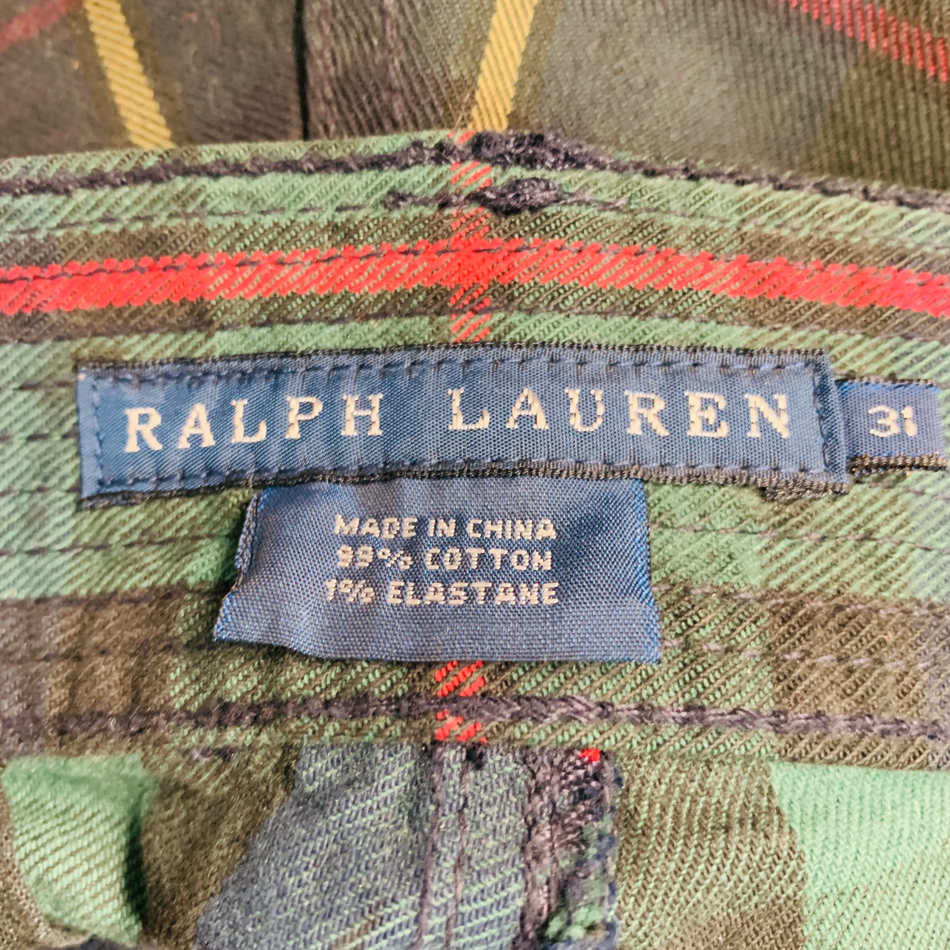 RALPH LAUREN Size 34 Navy Green Cotton Elastane Plaid Low Rise Casual Pants - Image 6