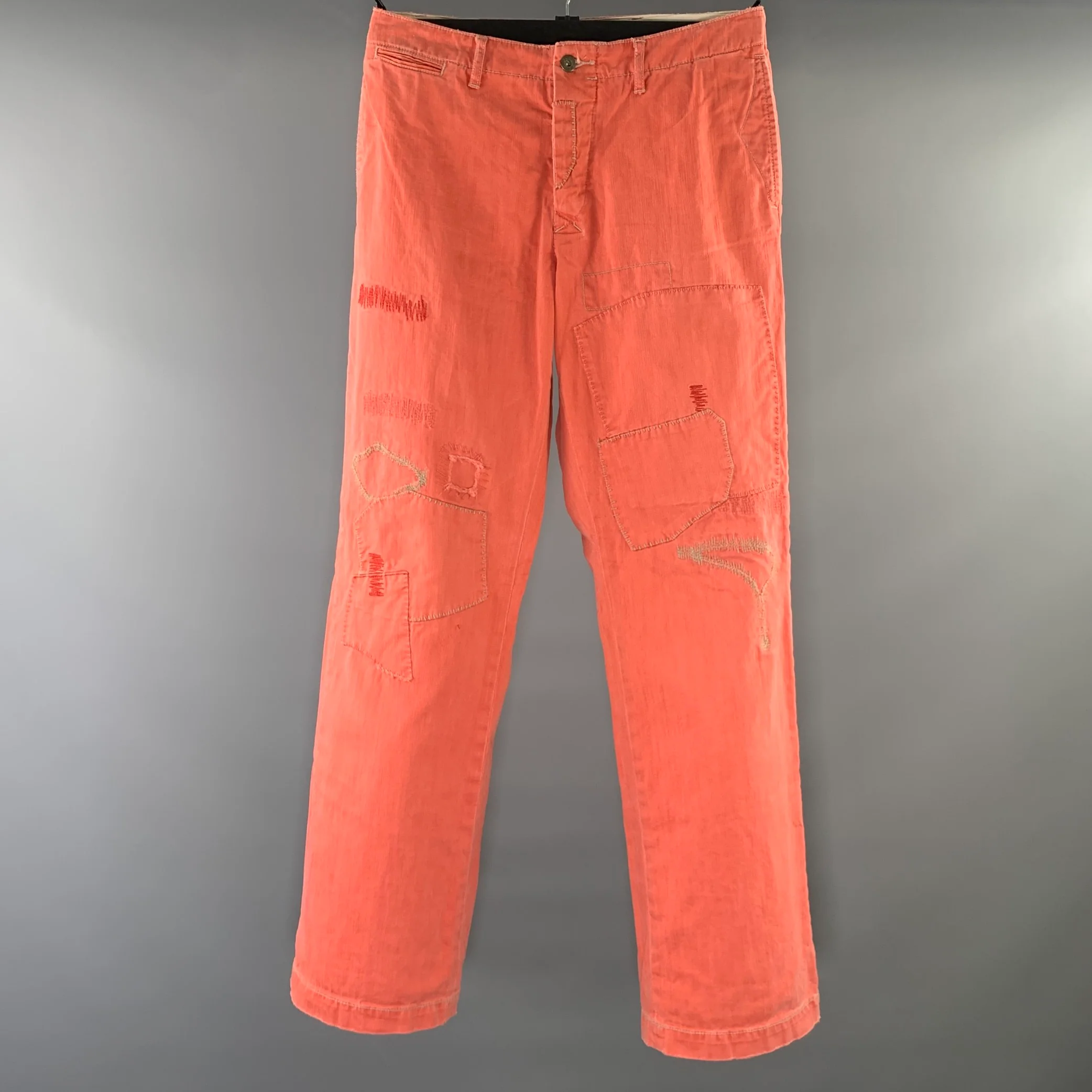 RALPH LAUREN Size 34 Pink Distressed Cotton Button Fly Casual Pants