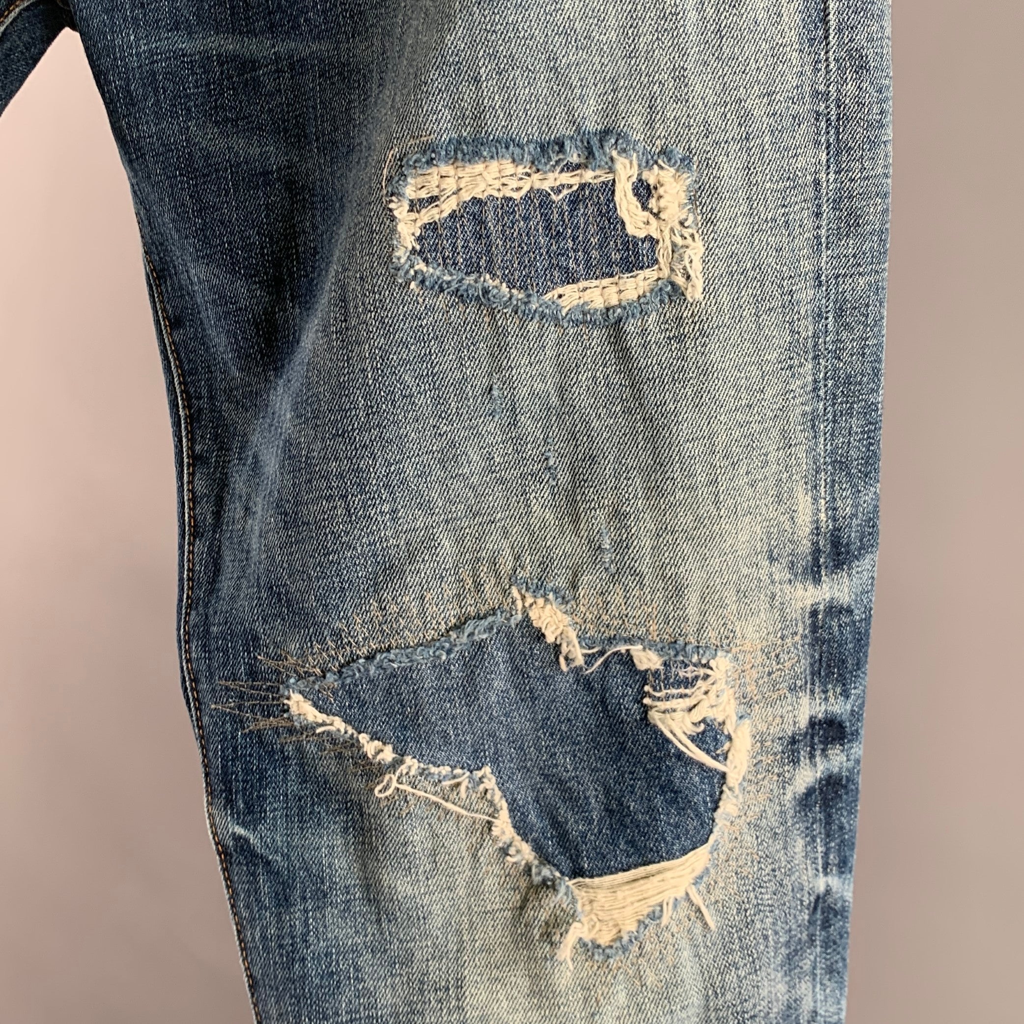RALPH LAUREN Size 36 Blue Distressed Cotton Straight Jeans - Image 3