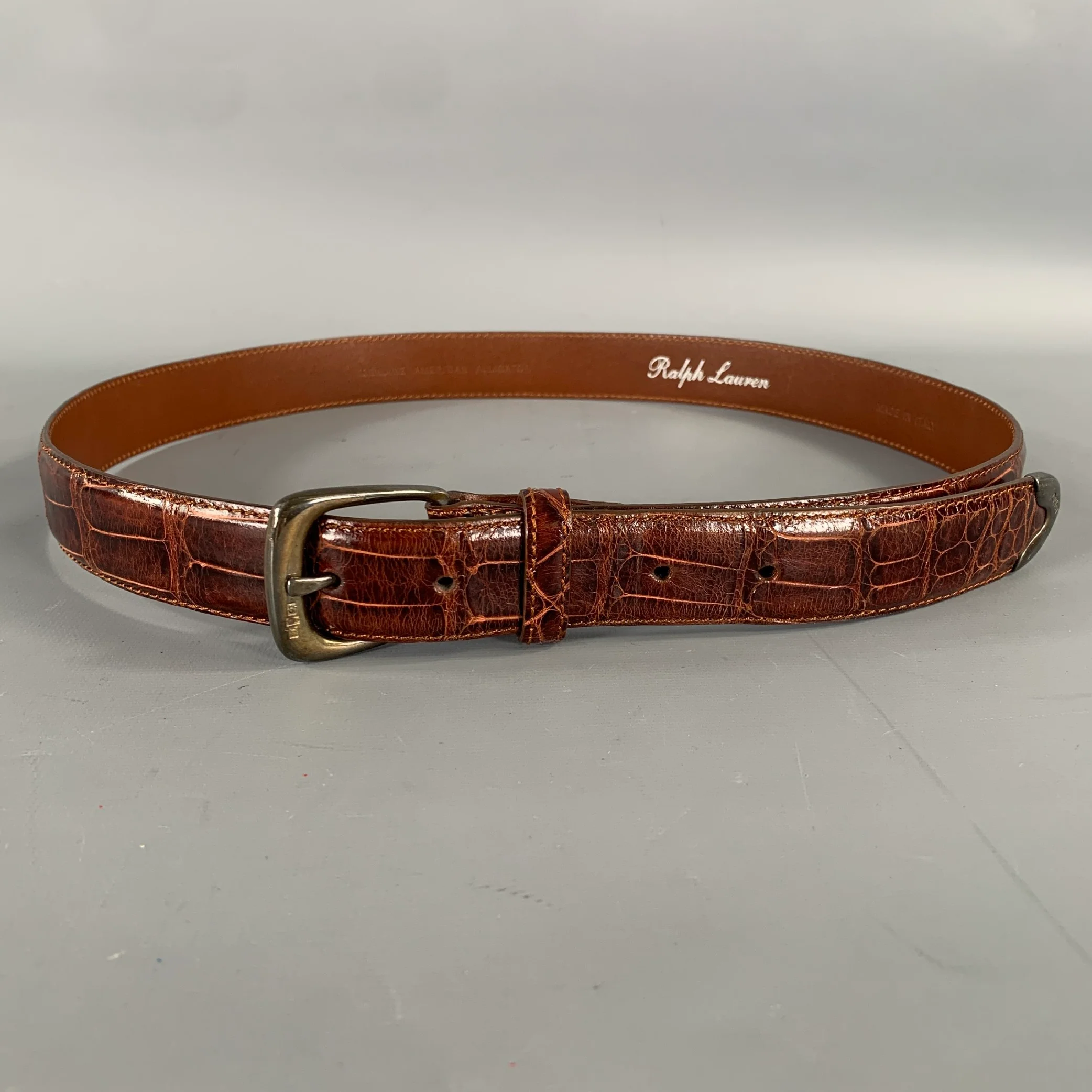 RALPH LAUREN Size 36 Brown Textured Alligator Leather Sterling Silver Belt
