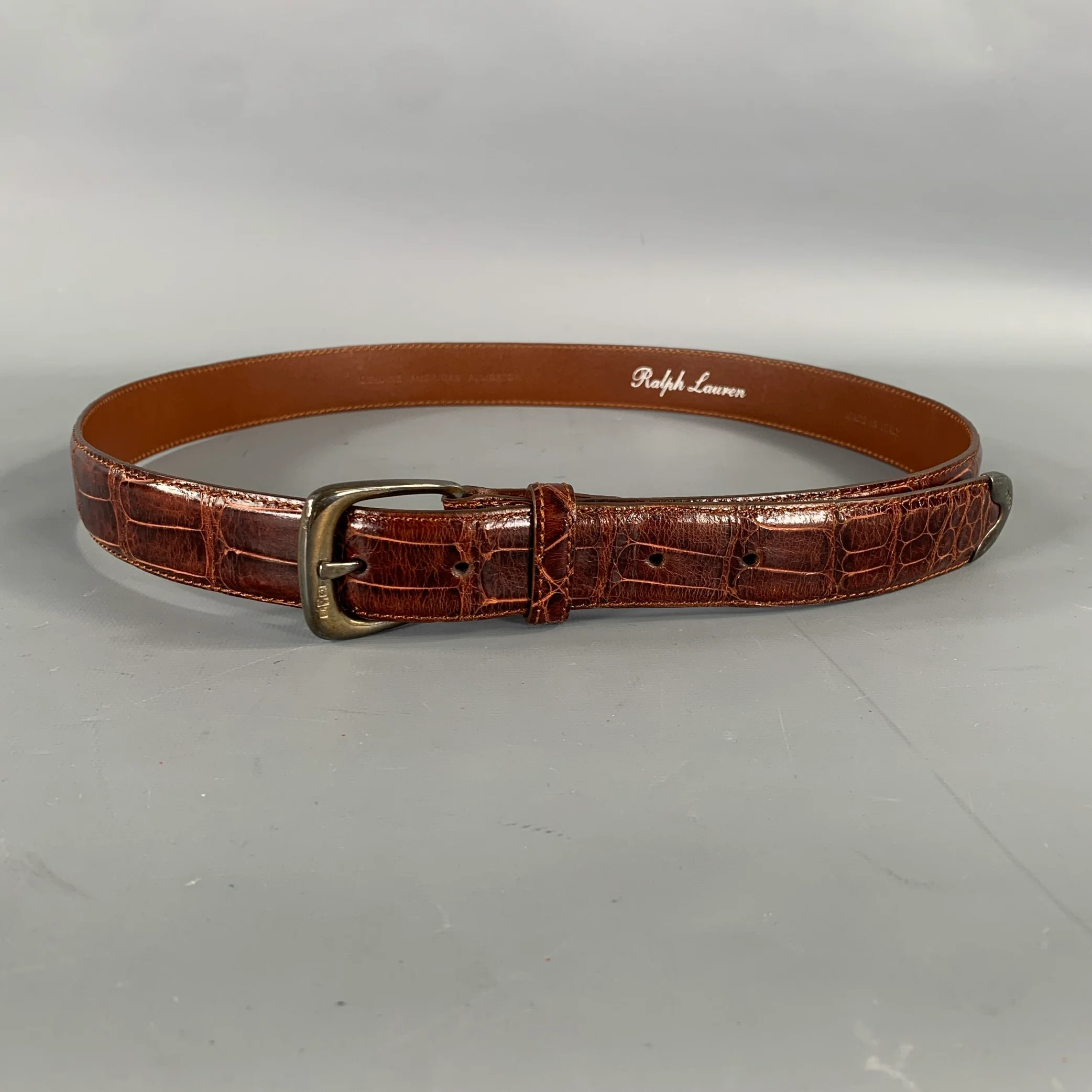 RALPH LAUREN Size 36 Brown Textured Alligator Leather Sterling Silver Belt - Image 2