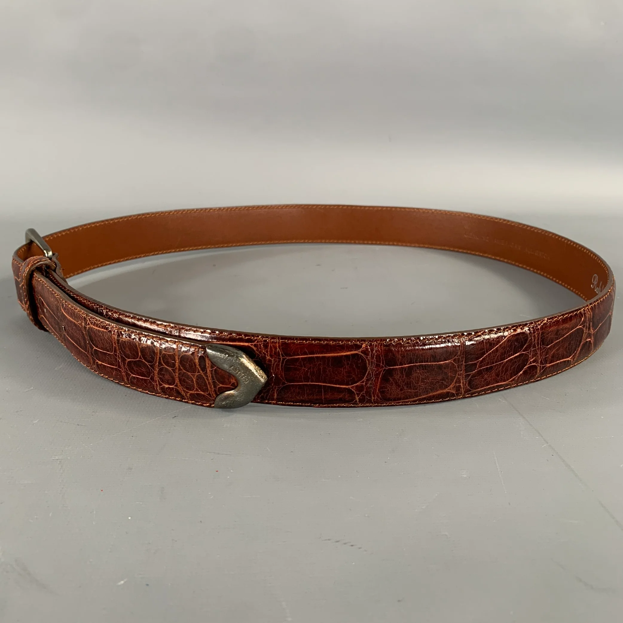 RALPH LAUREN Size 36 Brown Textured Alligator Leather Sterling Silver Belt - Image 5