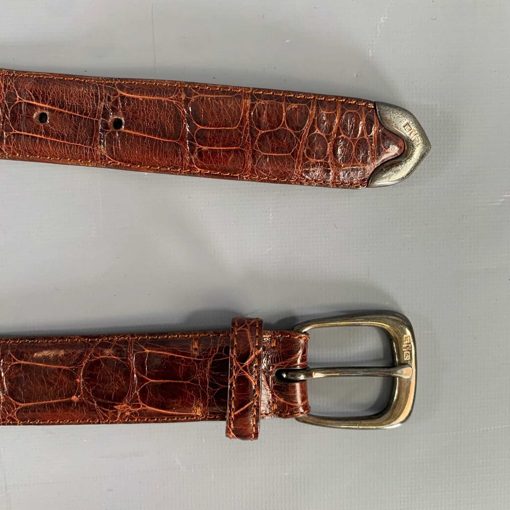 RALPH LAUREN Size 36 Brown Textured Alligator Leather Sterling Silver Belt - Image 6