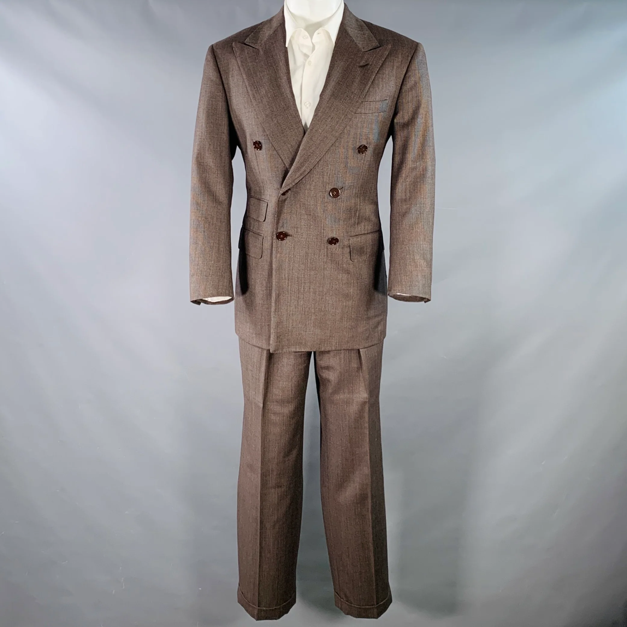 RALPH LAUREN Size 38 Regular Brown Black Nailhead Wool Double Breasted Suit - Image 3
