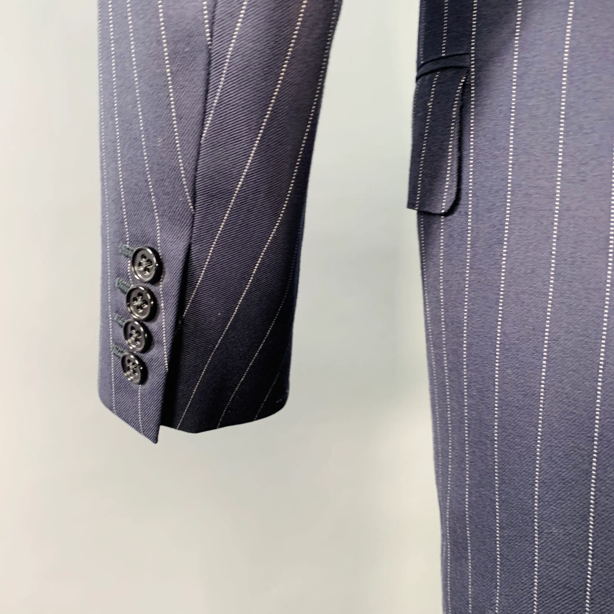 RALPH LAUREN Size 38 Regular Navy White Stripe Wool Notch Lapel Suit - Image 6