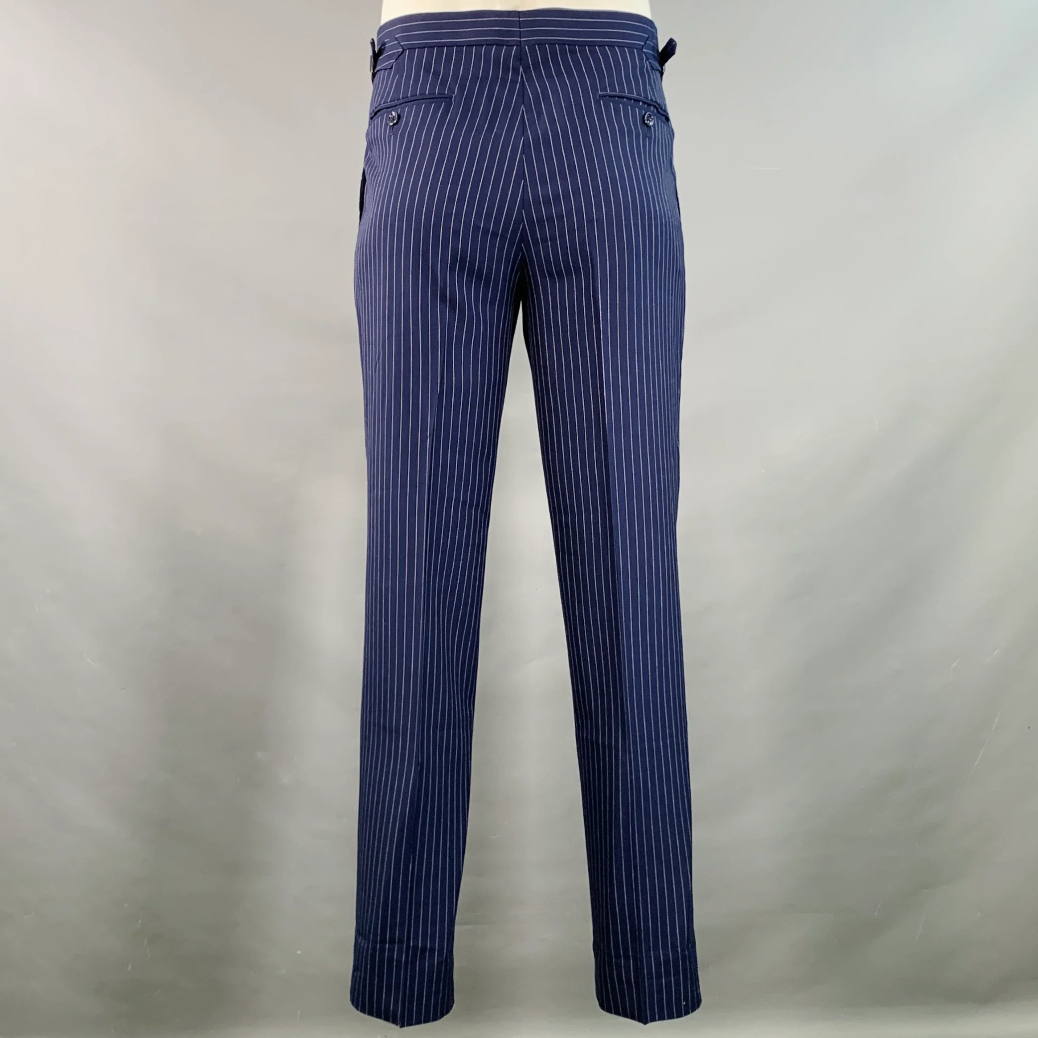 RALPH LAUREN Size 42 Long Navy White Pinstripe Wool Notch Lapel Suit - Image 5