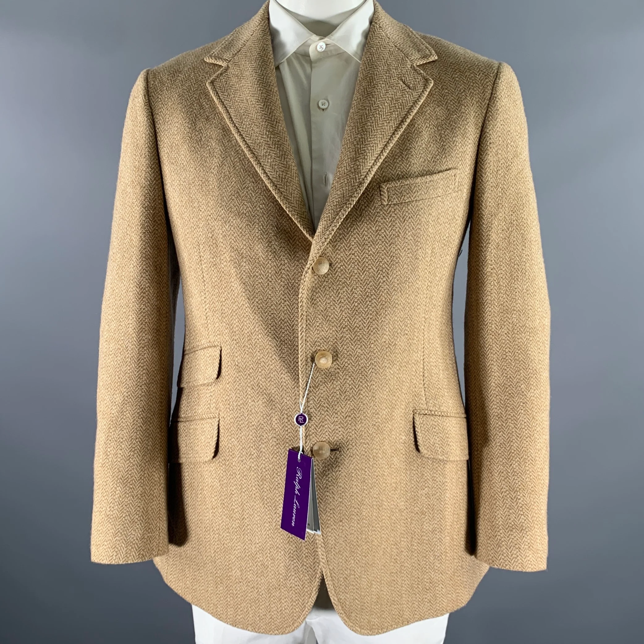 RALPH LAUREN Size 42L Camel Tan Herringbone Wool Notch Lapel Sport Coat