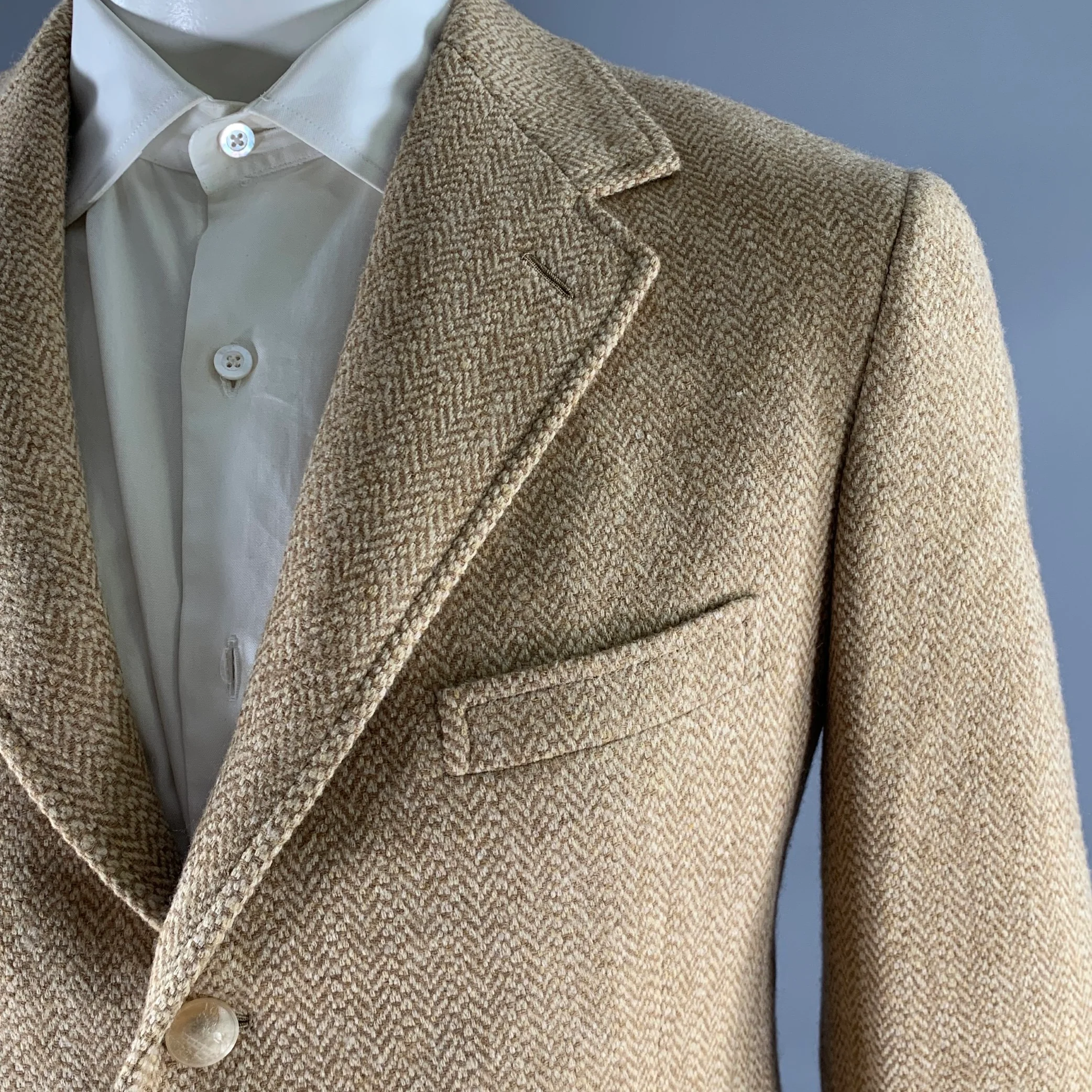 RALPH LAUREN Size 42L Camel Tan Herringbone Wool Notch Lapel Sport Coat - Image 2