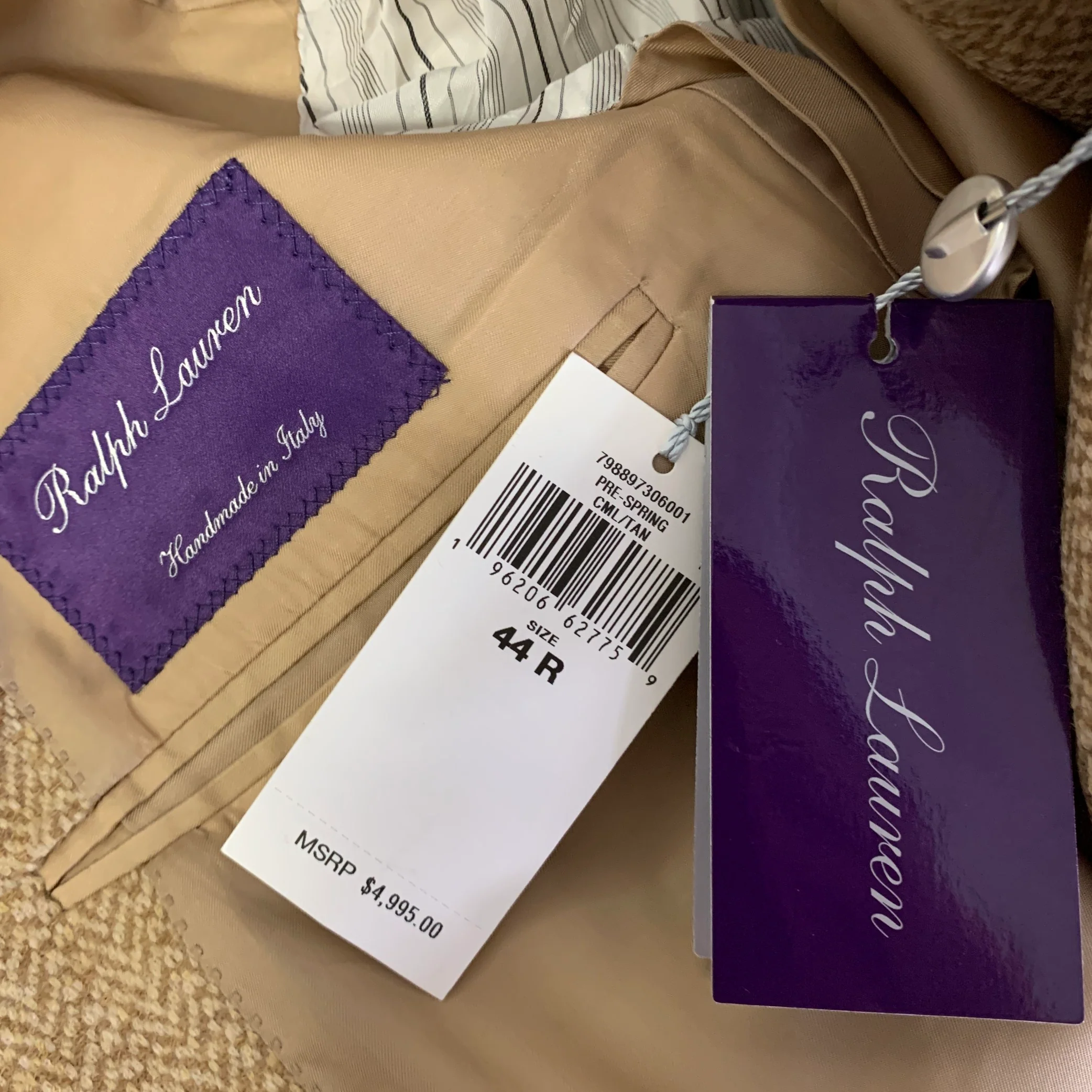 RALPH LAUREN Size 44 Camel Tan Herringbone Wool Notch Lapel Sport Coat - Image 6