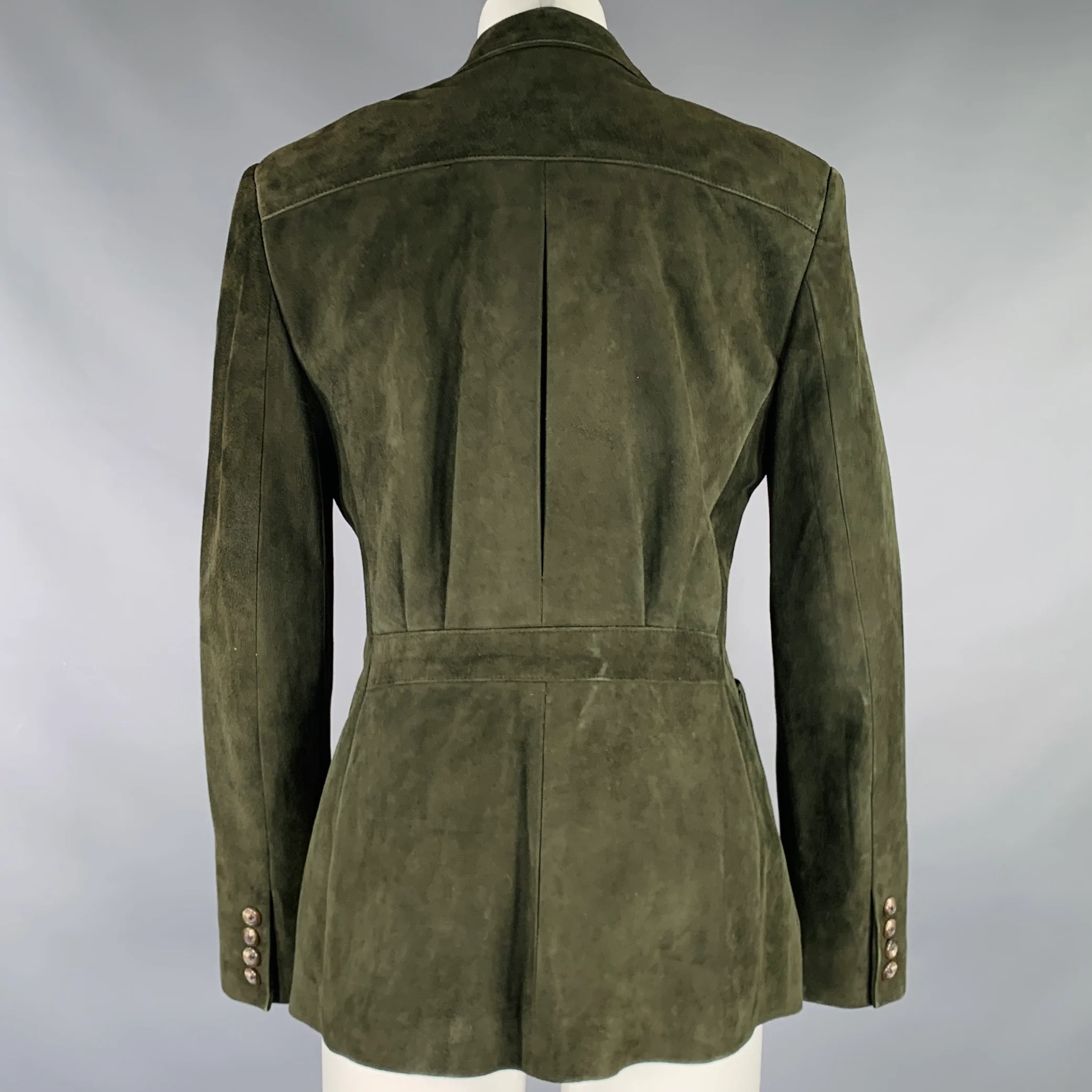 RALPH LAUREN Size 6 Green Suede Pleated Single Breasted Jacket - Image 3