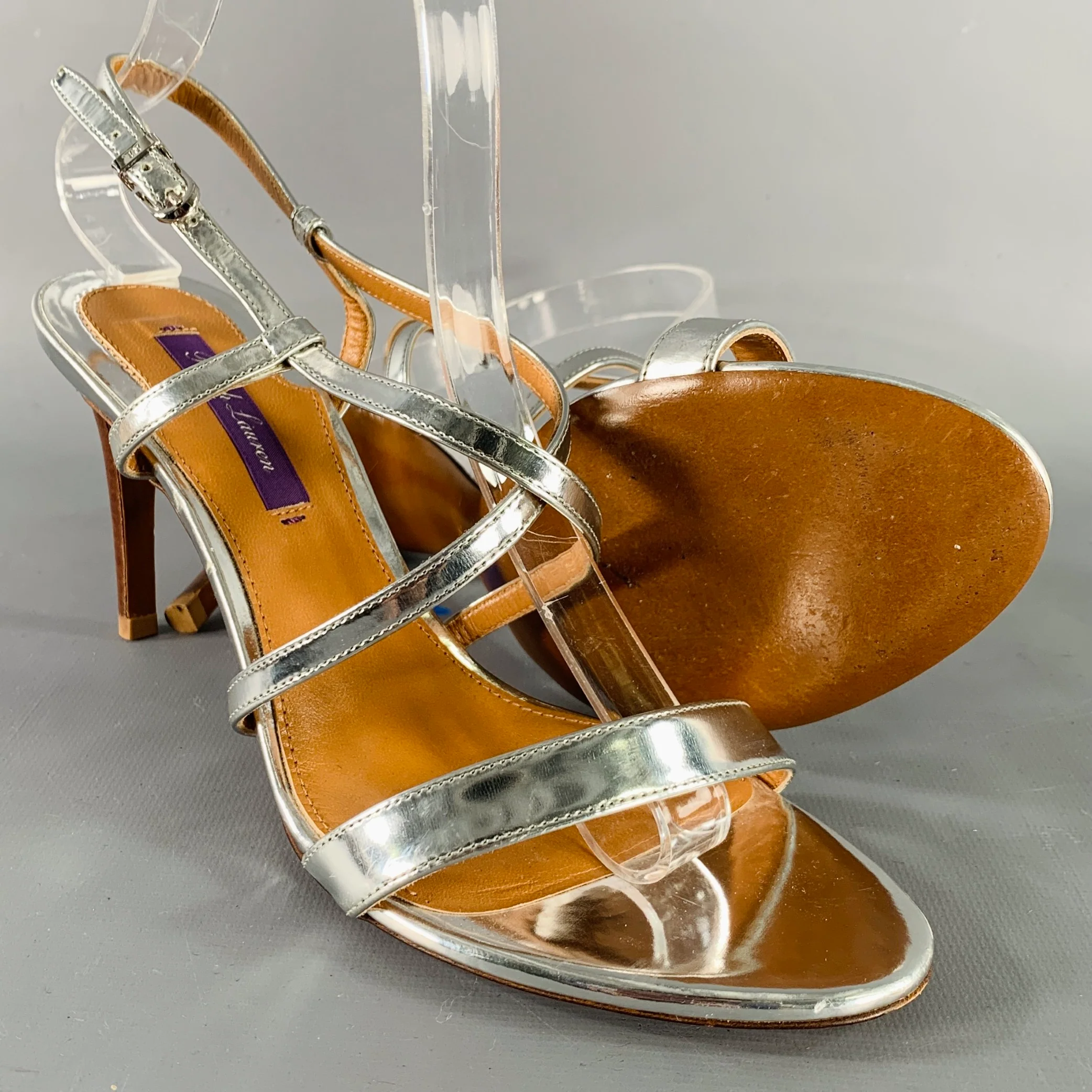 RALPH LAUREN Size 7.5 Silver Patent Leather Metallic Strappy Sandals - Image 5
