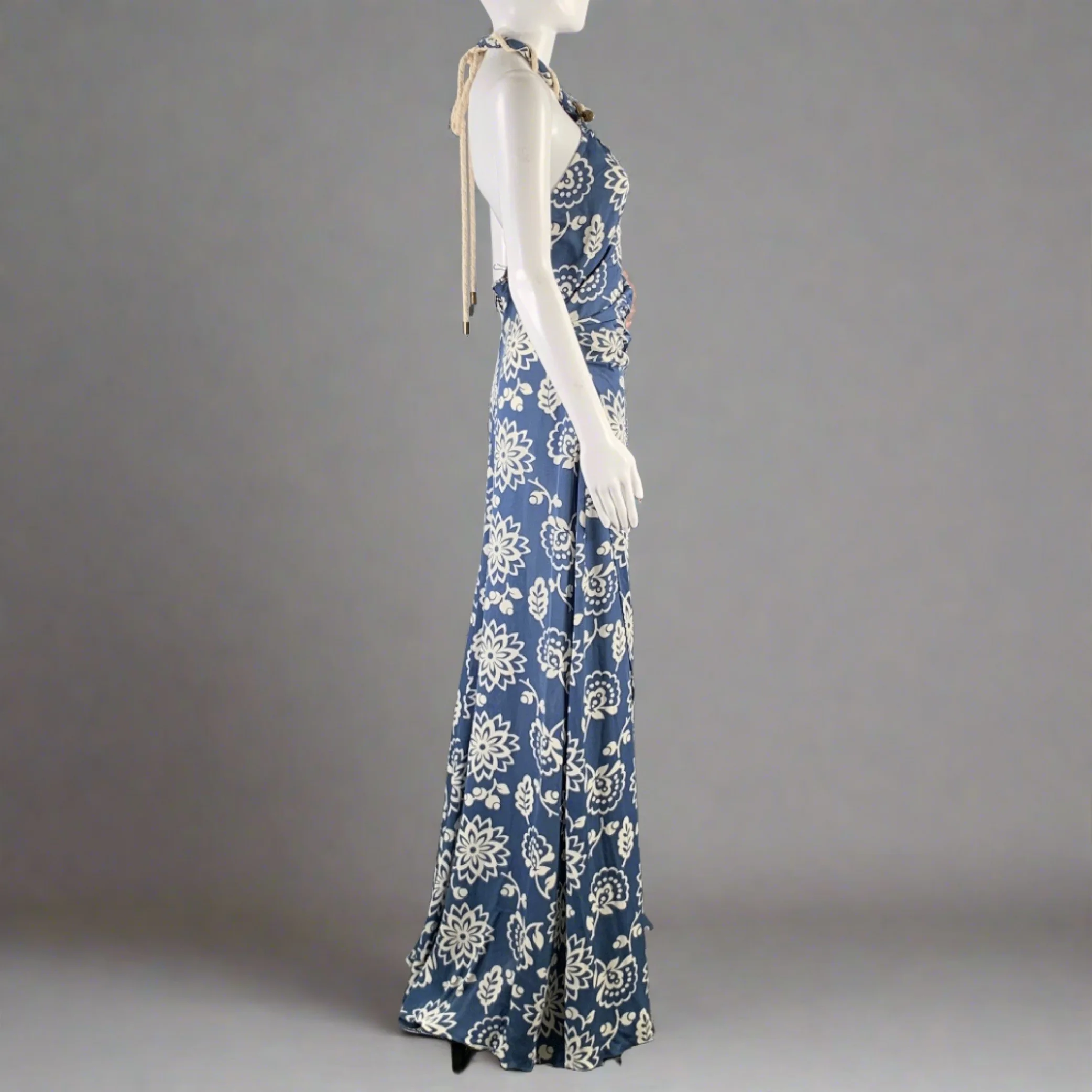 RALPH LAUREN Size 8 Blue White Silk Floral Halter Long Dress - Image 3