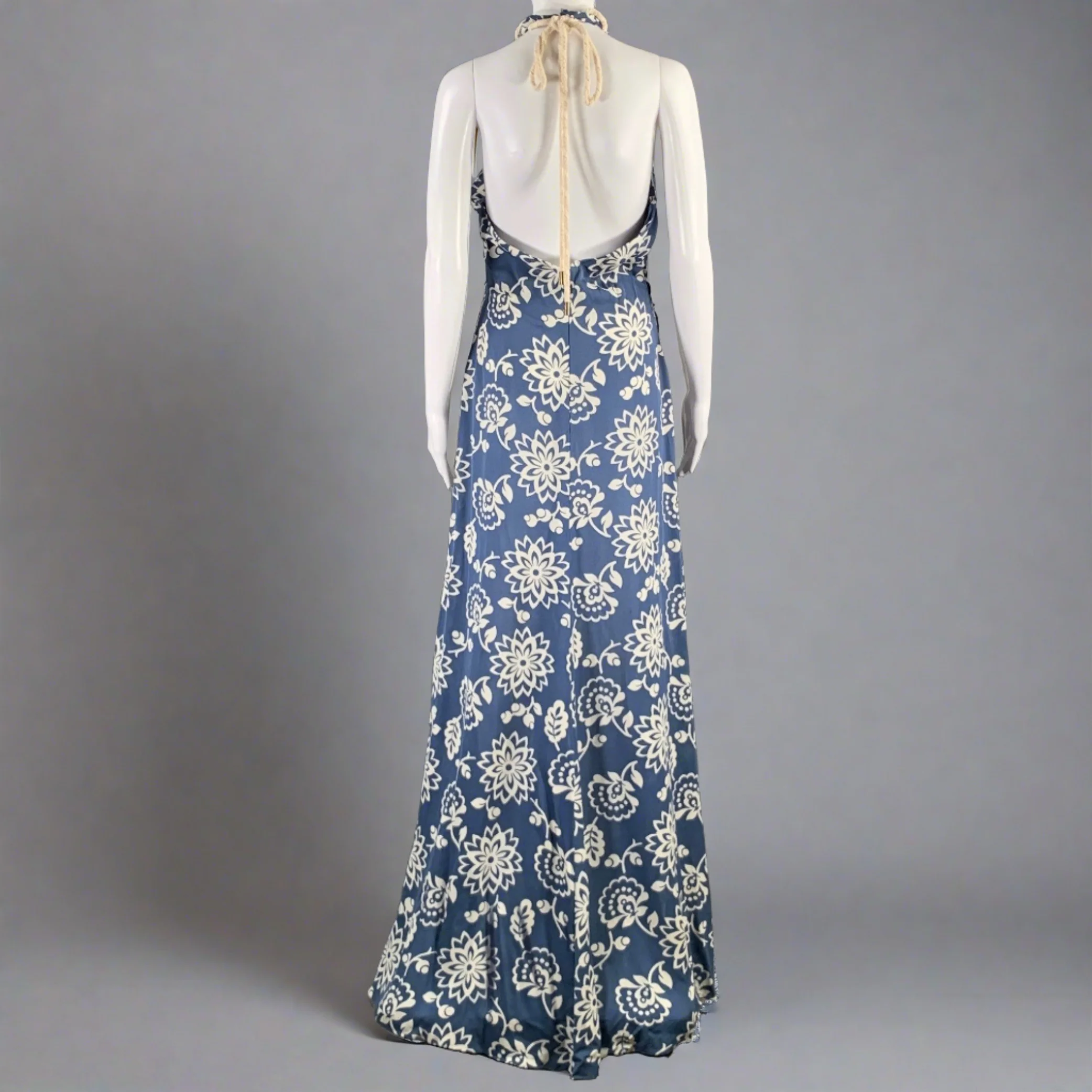 RALPH LAUREN Size 8 Blue White Silk Floral Halter Long Dress - Image 4