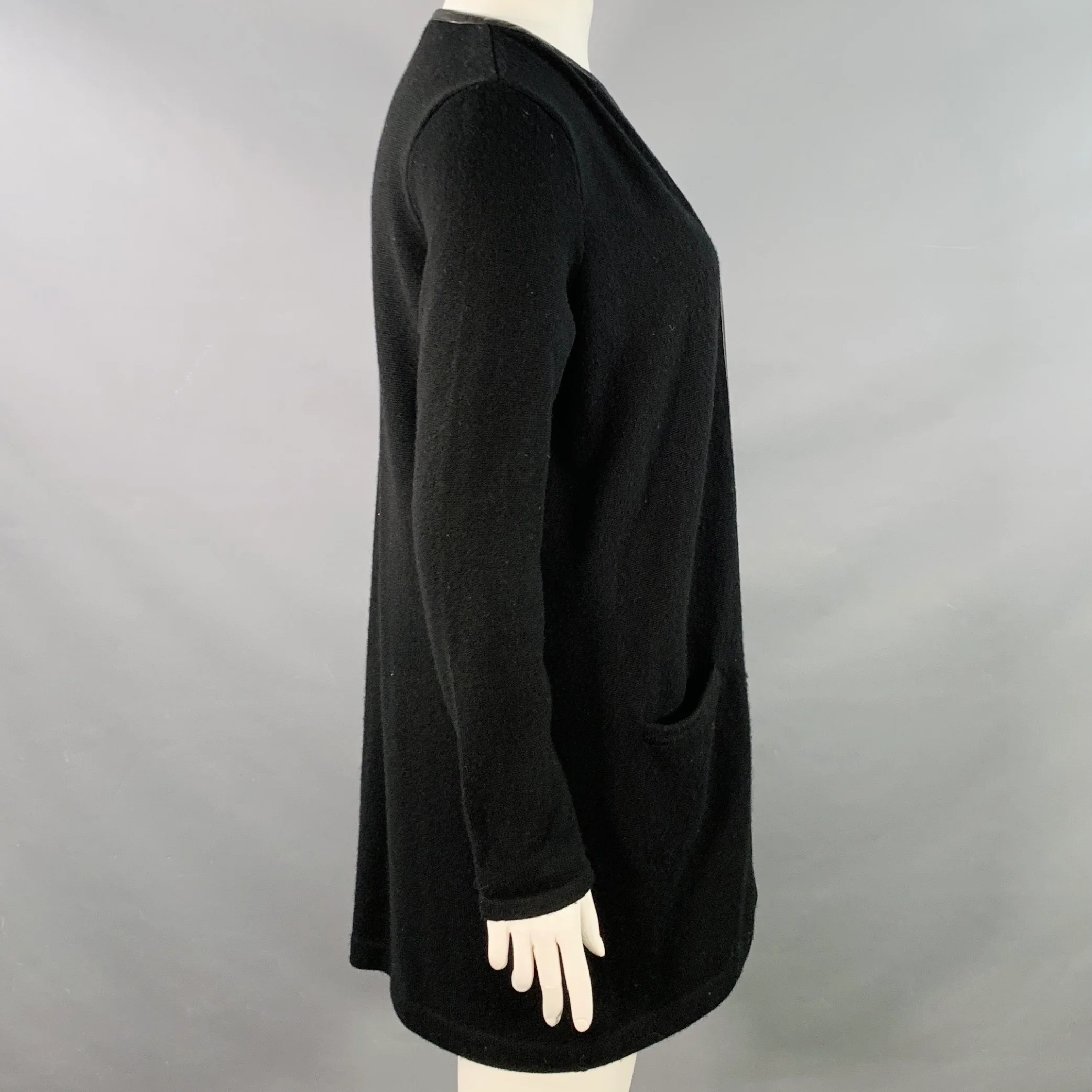 RALPH LAUREN Size L Black Cashmere Lambskin Trim Open Front Cardigan - Image 3
