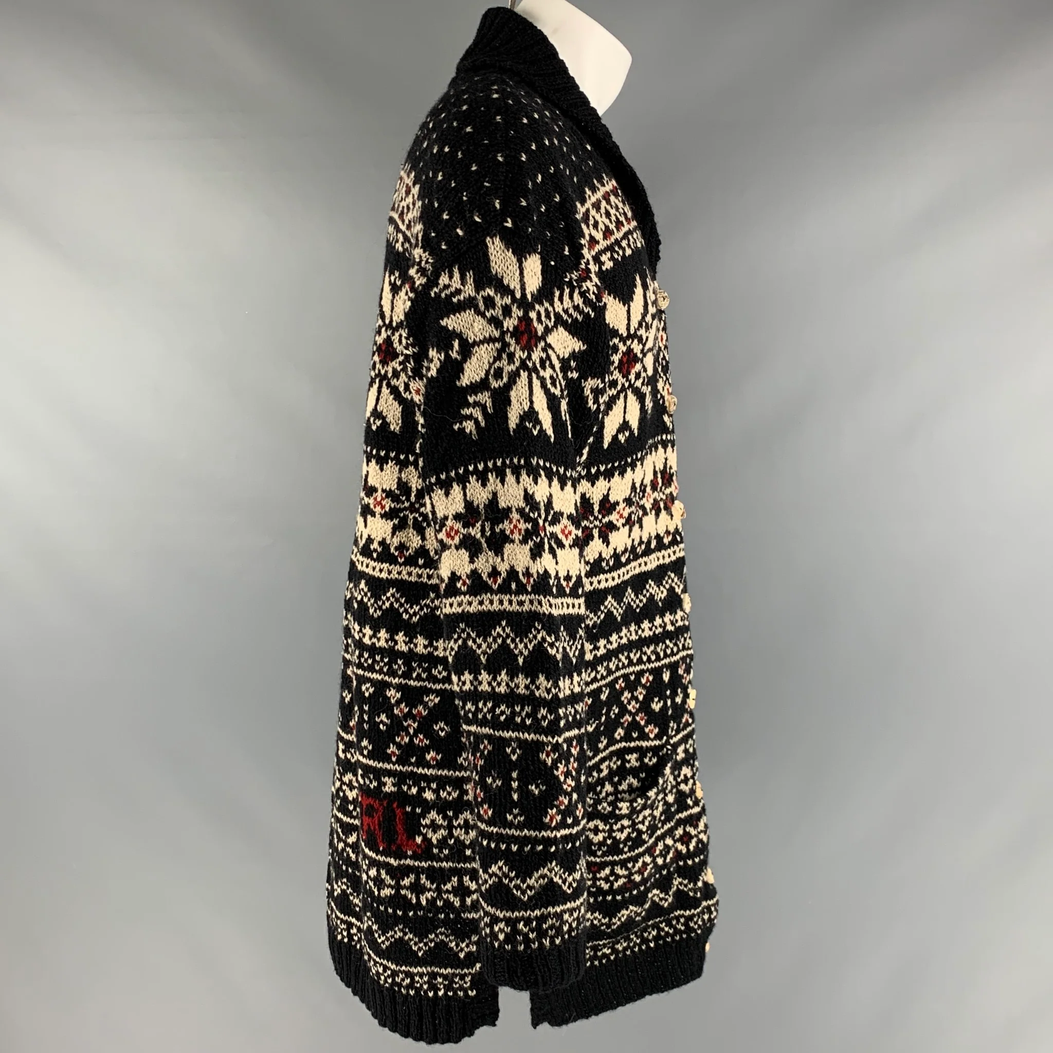 RALPH LAUREN Size L Black Cream Wool Silk Snowflake Cardigan - Image 3