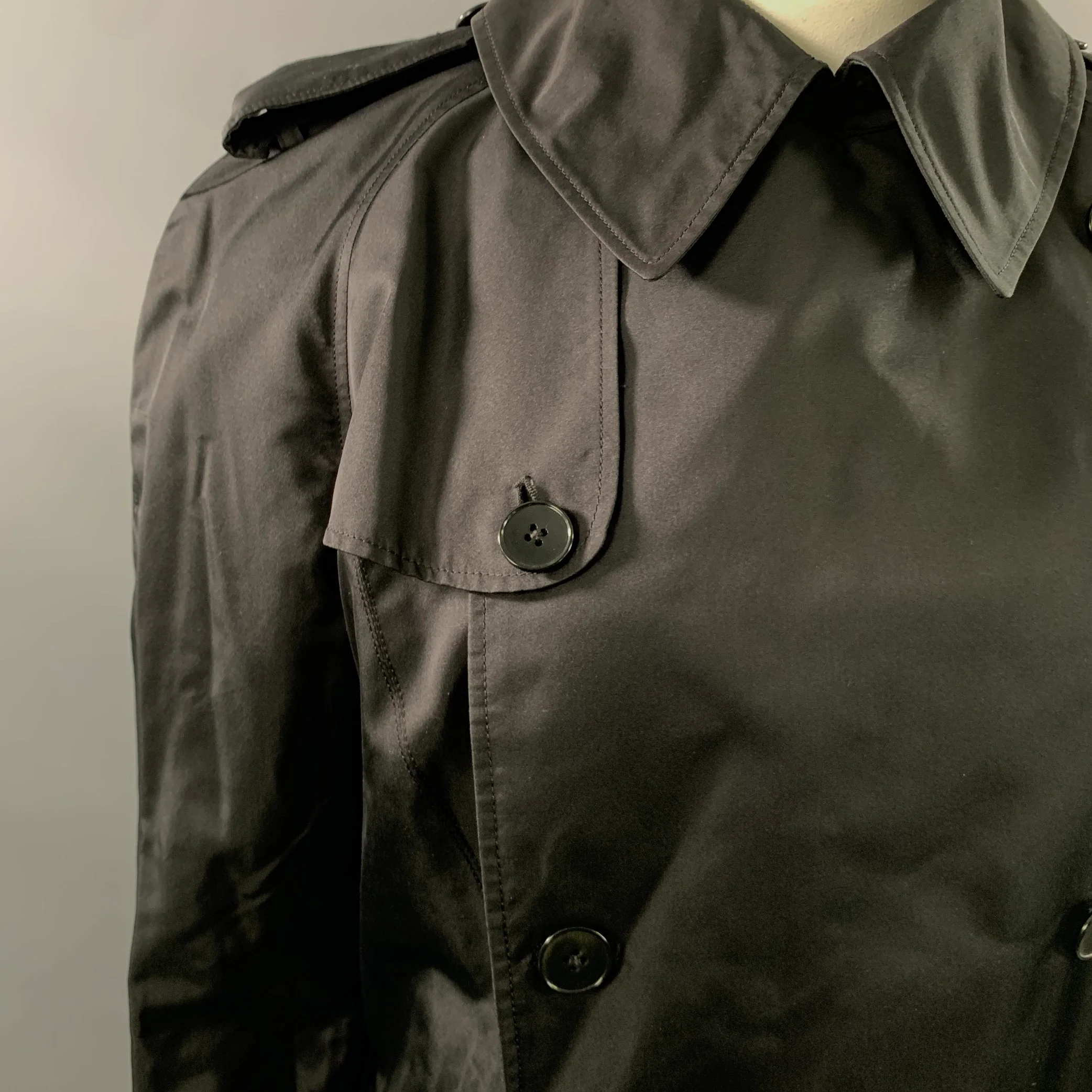 RALPH LAUREN Size L Black Silk Shimmer Double Breasted Rain Coat - Image 2