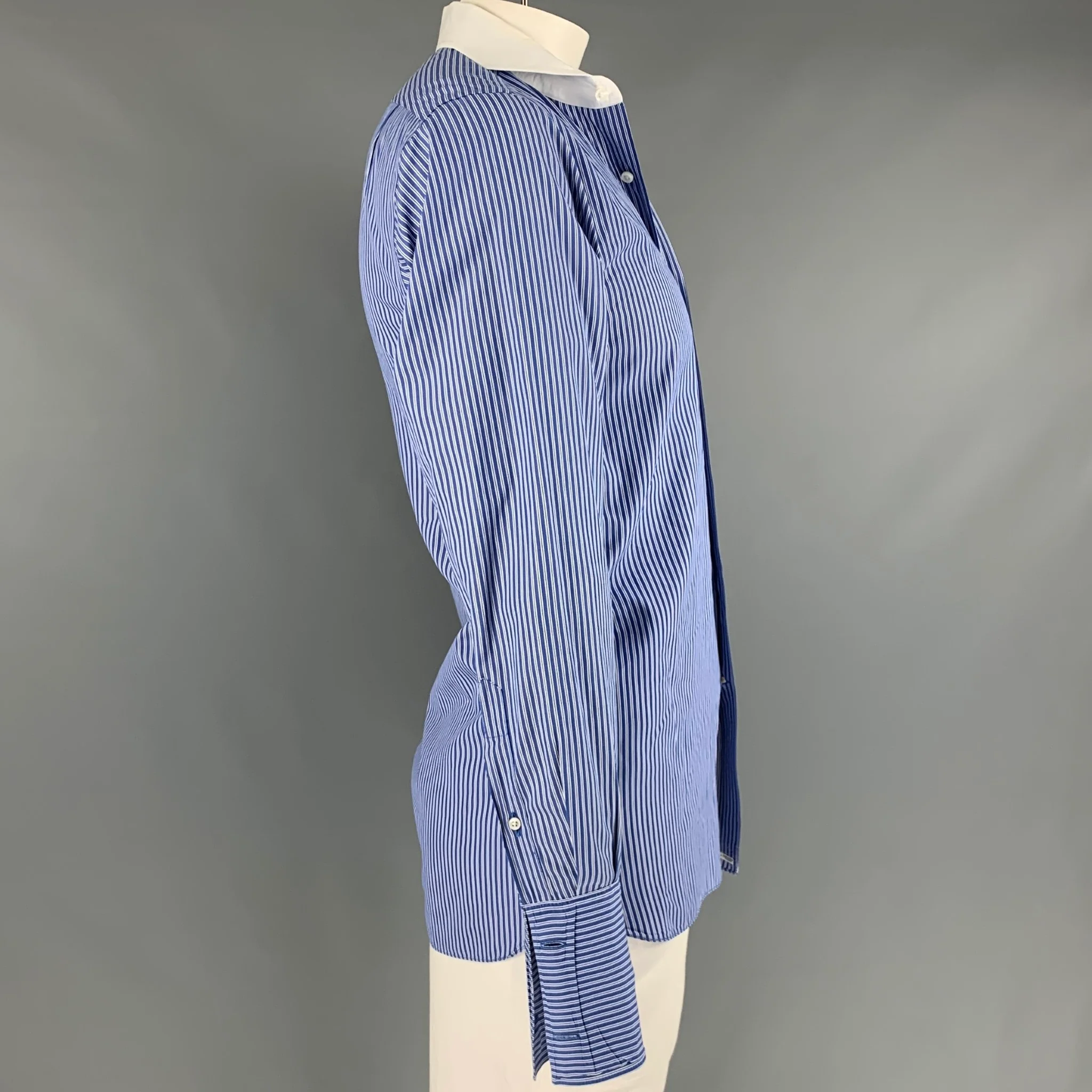 RALPH LAUREN Size L Blue White Stripe Cotton French Cuff Long Sleeve Shirt - Image 2