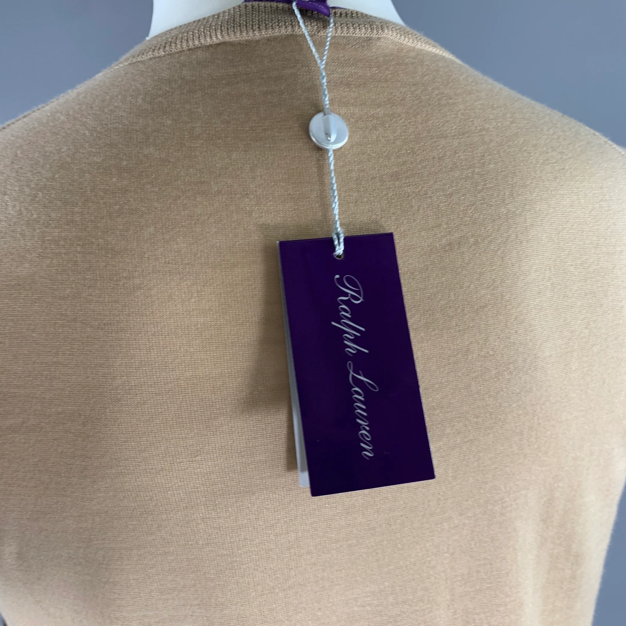 RALPH LAUREN Size L Camel Knit Cashmere Ribbed T-shirt - Image 2