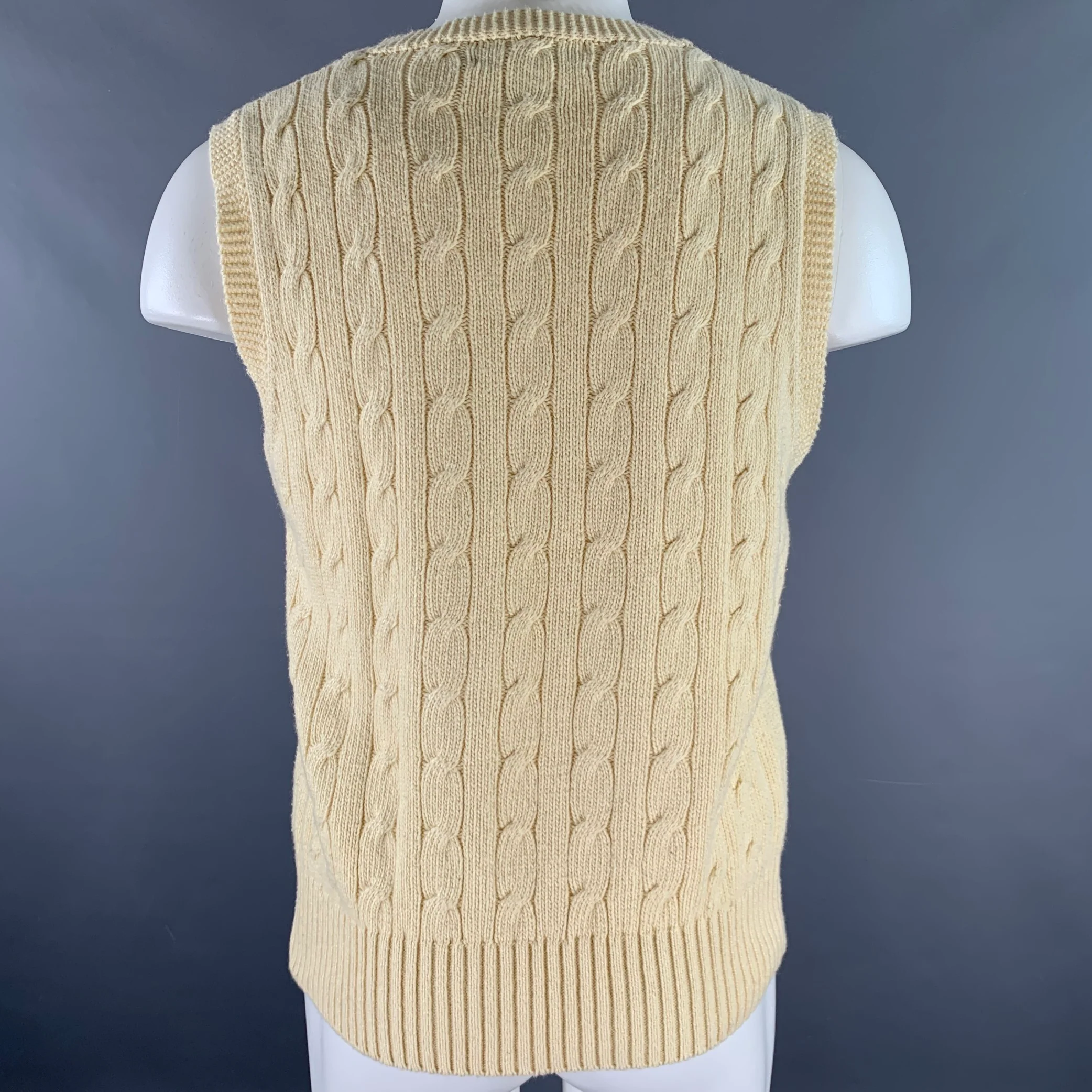 RALPH LAUREN Size M Beige Cable Knit Cotton Cashmere V-Neck Vest - Image 3