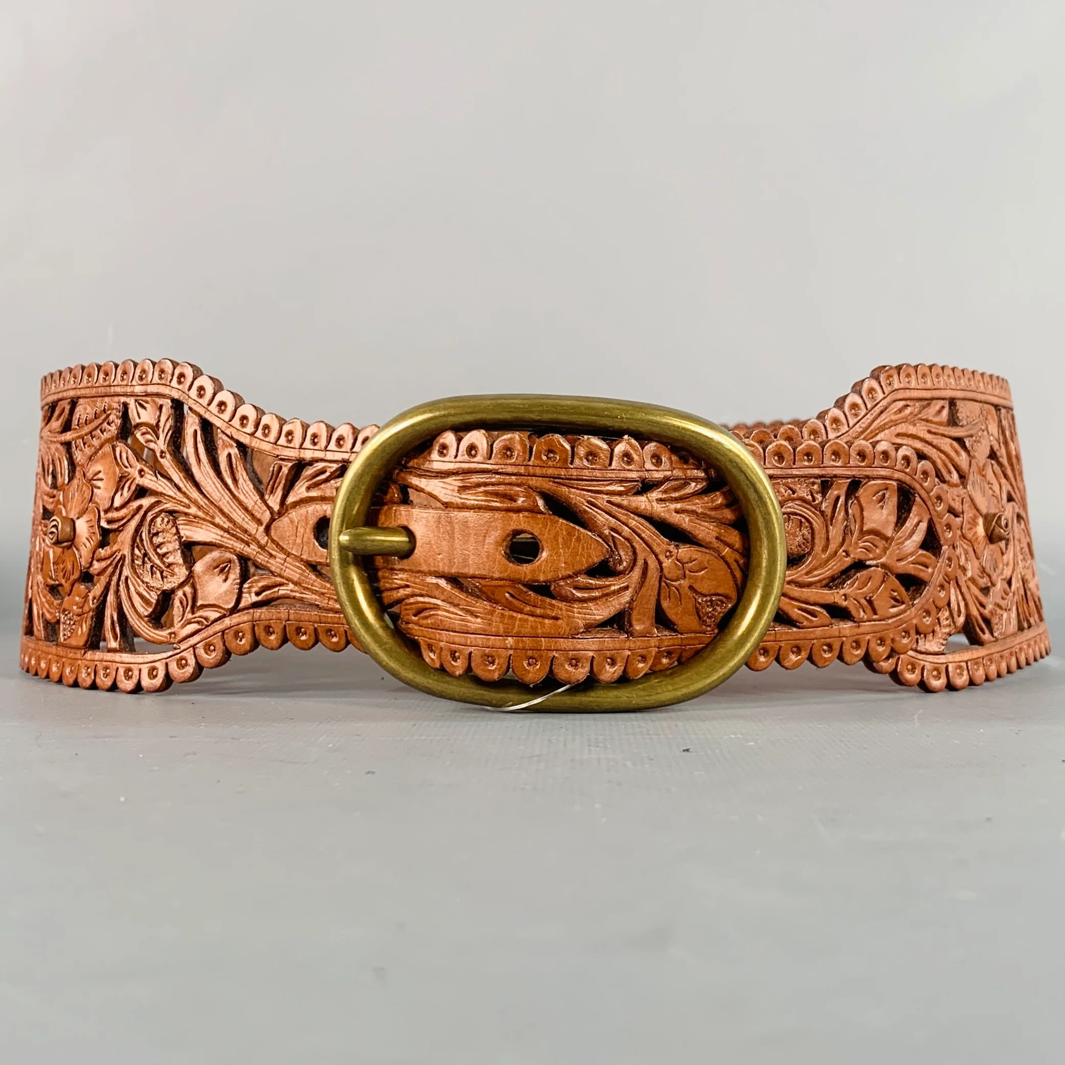 RALPH LAUREN Size M Brown Embossed Lasercut Floral Leather Western Belt