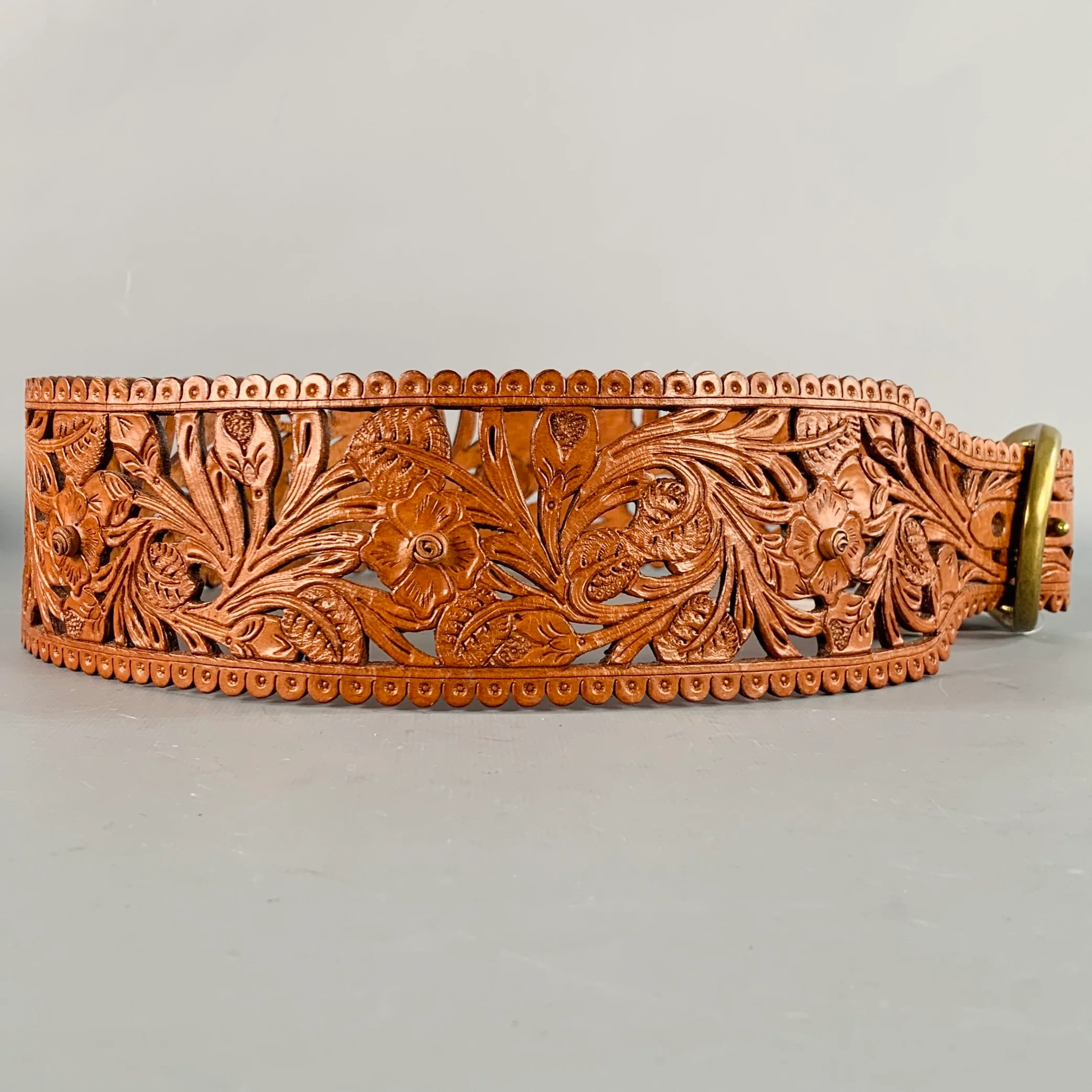 RALPH LAUREN Size M Brown Embossed Lasercut Floral Leather Western Belt - Image 2