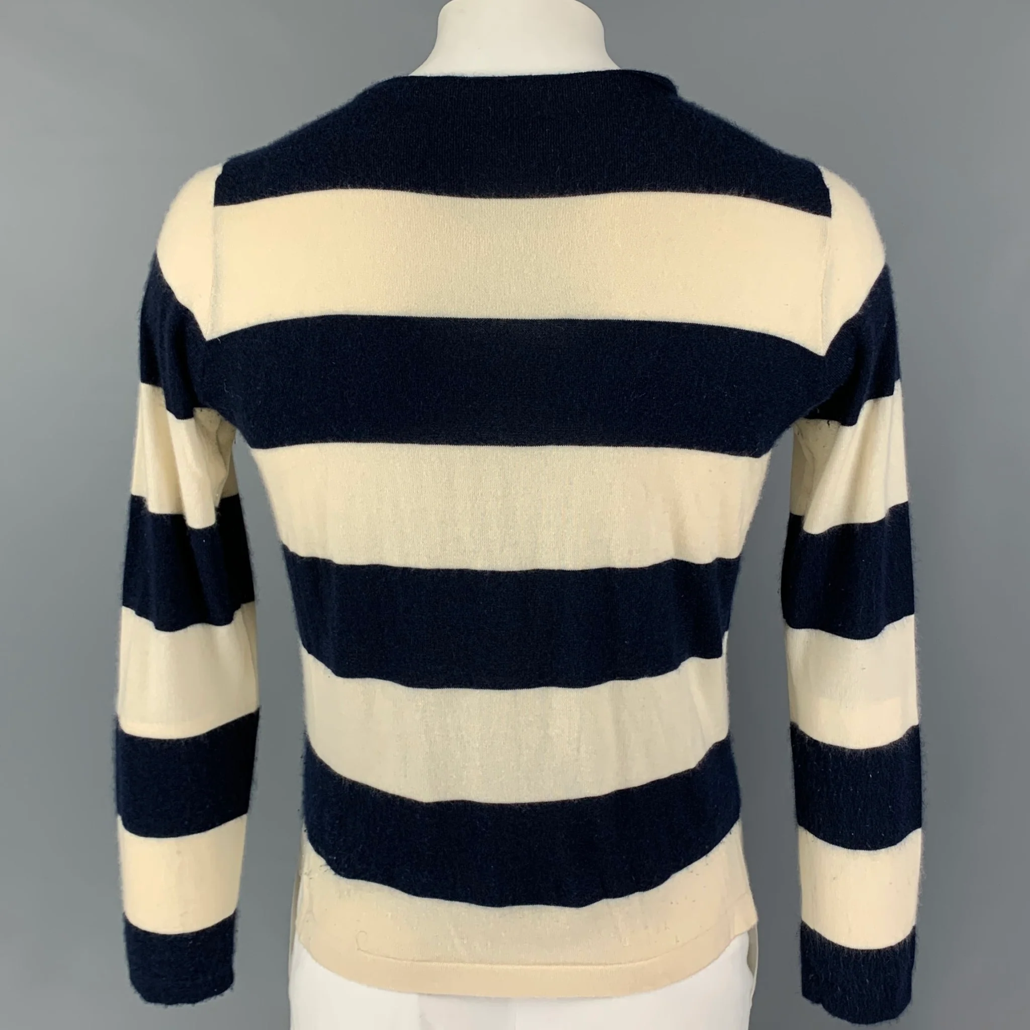 RALPH LAUREN Size M Navy Cream Stripe Cashmere Crew-Neck Pullover - Image 3