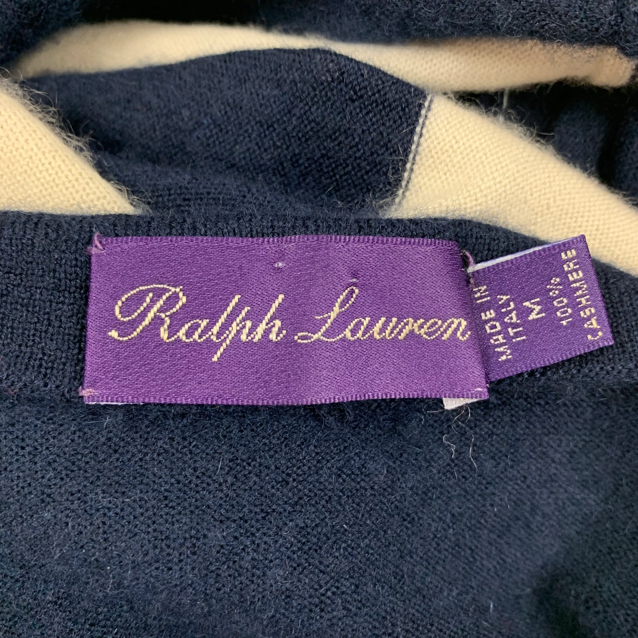 RALPH LAUREN Size M Navy Cream Stripe Cashmere Crew-Neck Pullover - Image 5