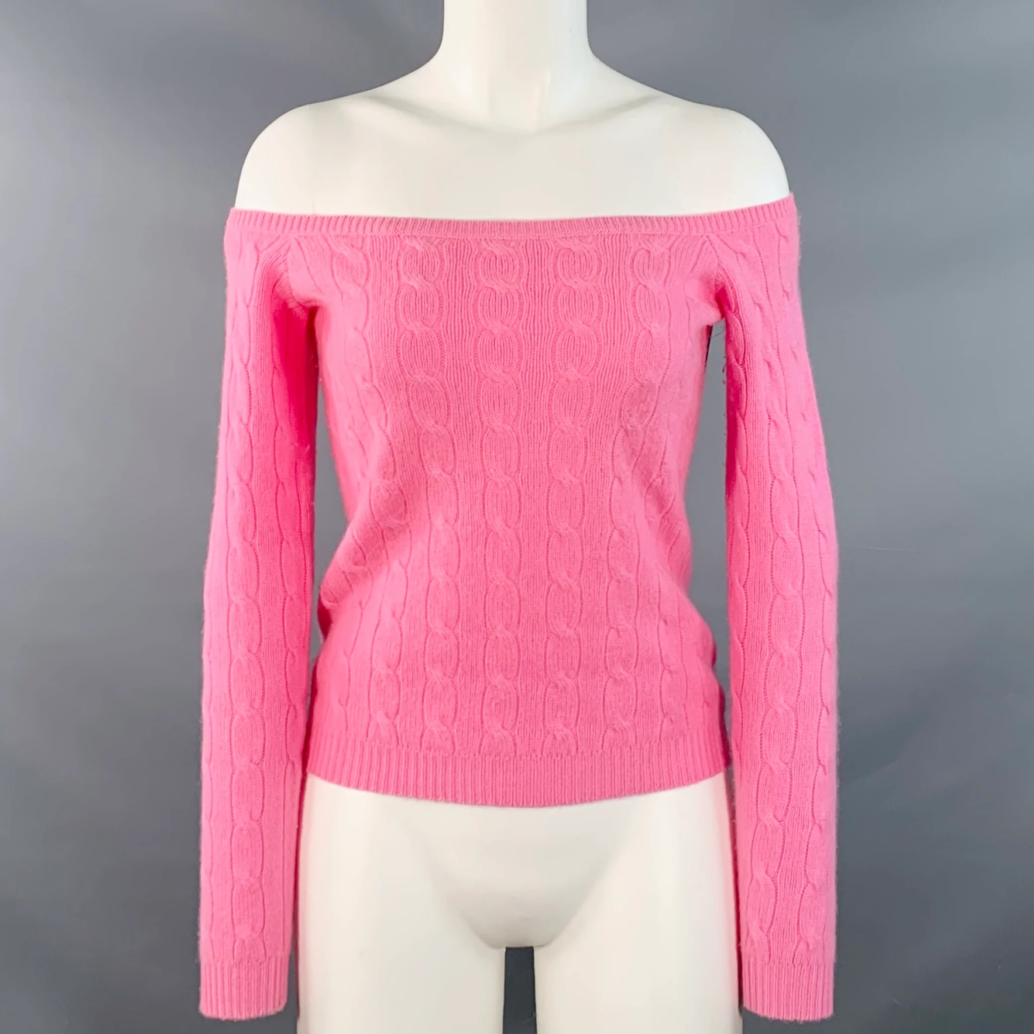 RALPH LAUREN Size M Pink Cashmere Cable Knit Off Shoulder Pullover
