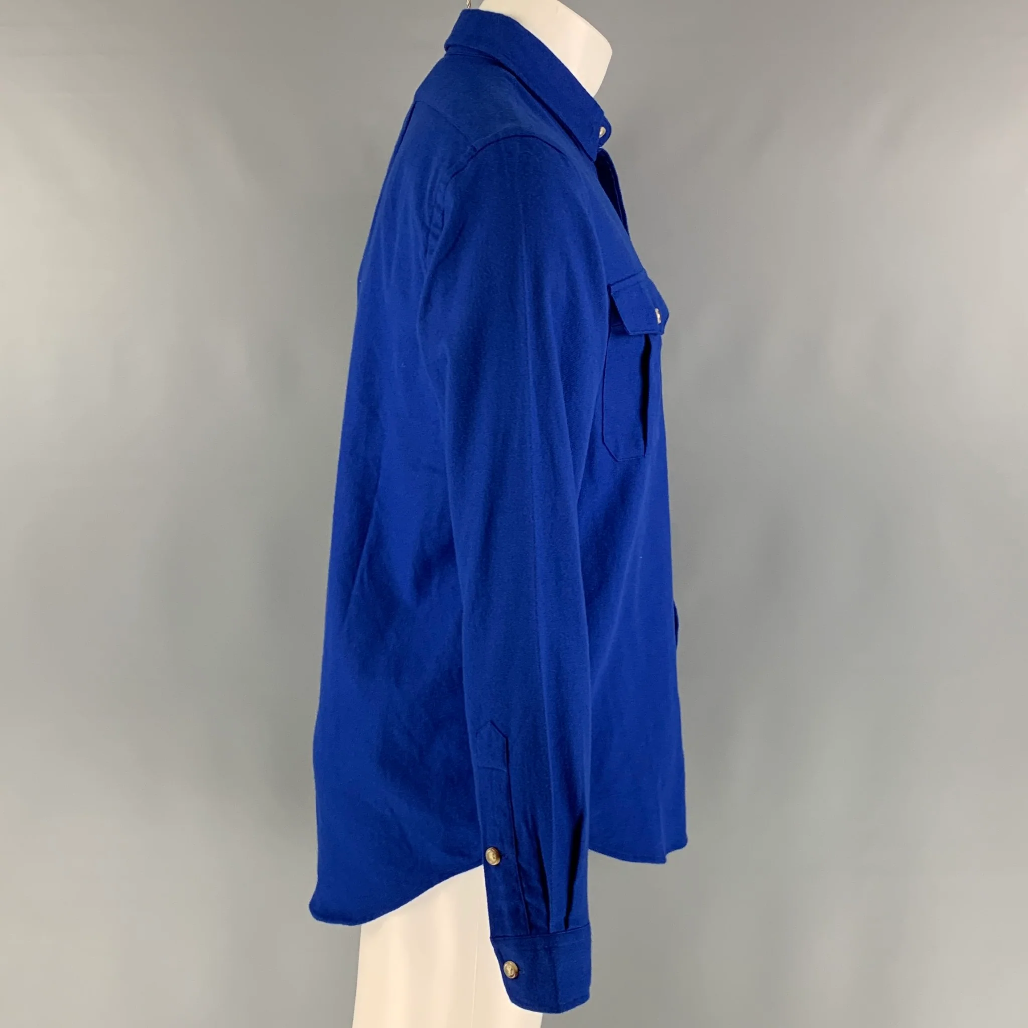 RALPH LAUREN Size M Blue Solid Cotton Patch Pockets Long Sleeve Shirt - Image 2