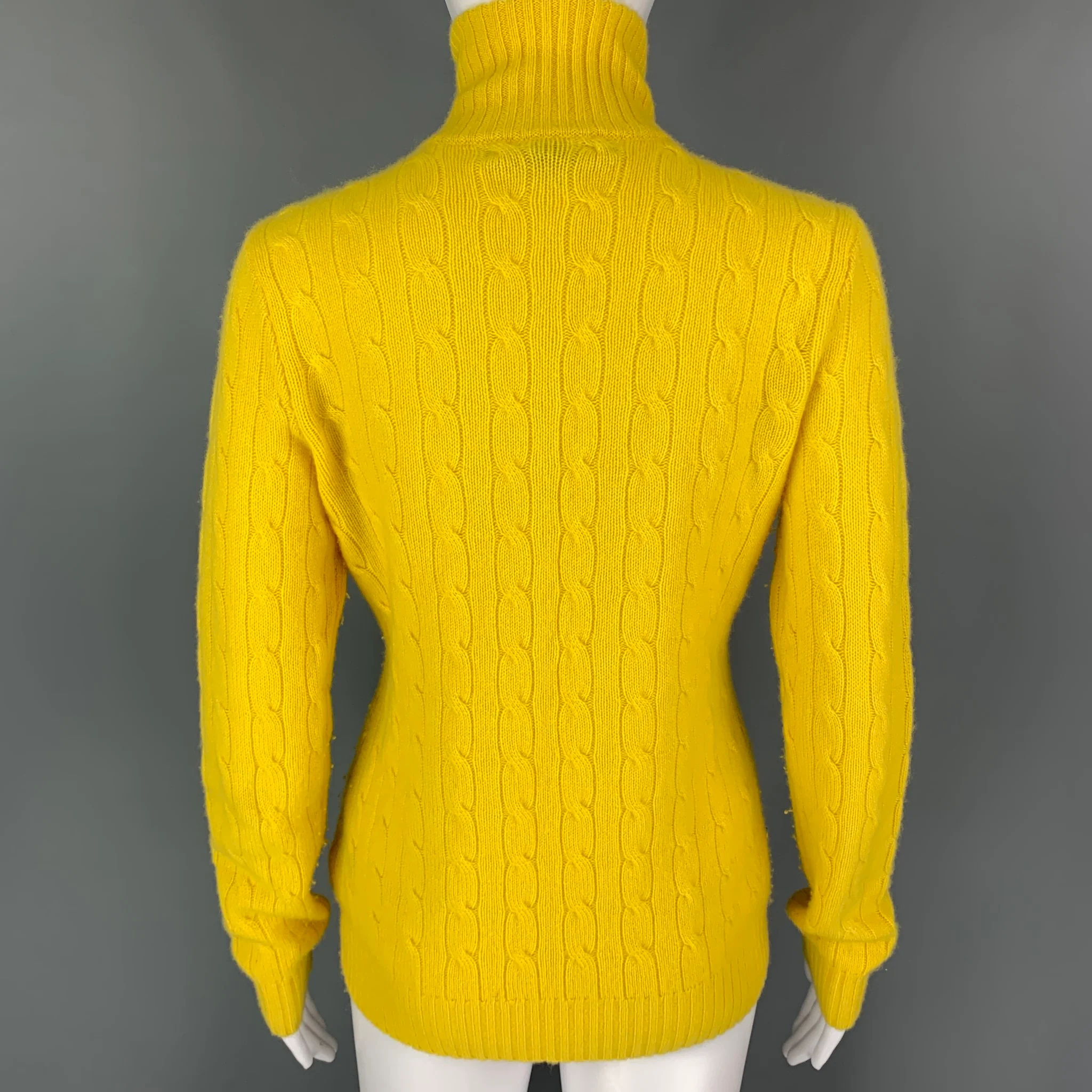 RALPH LAUREN Size M Yellow Cashmere Cable Turtleneck Sweater - Image 3