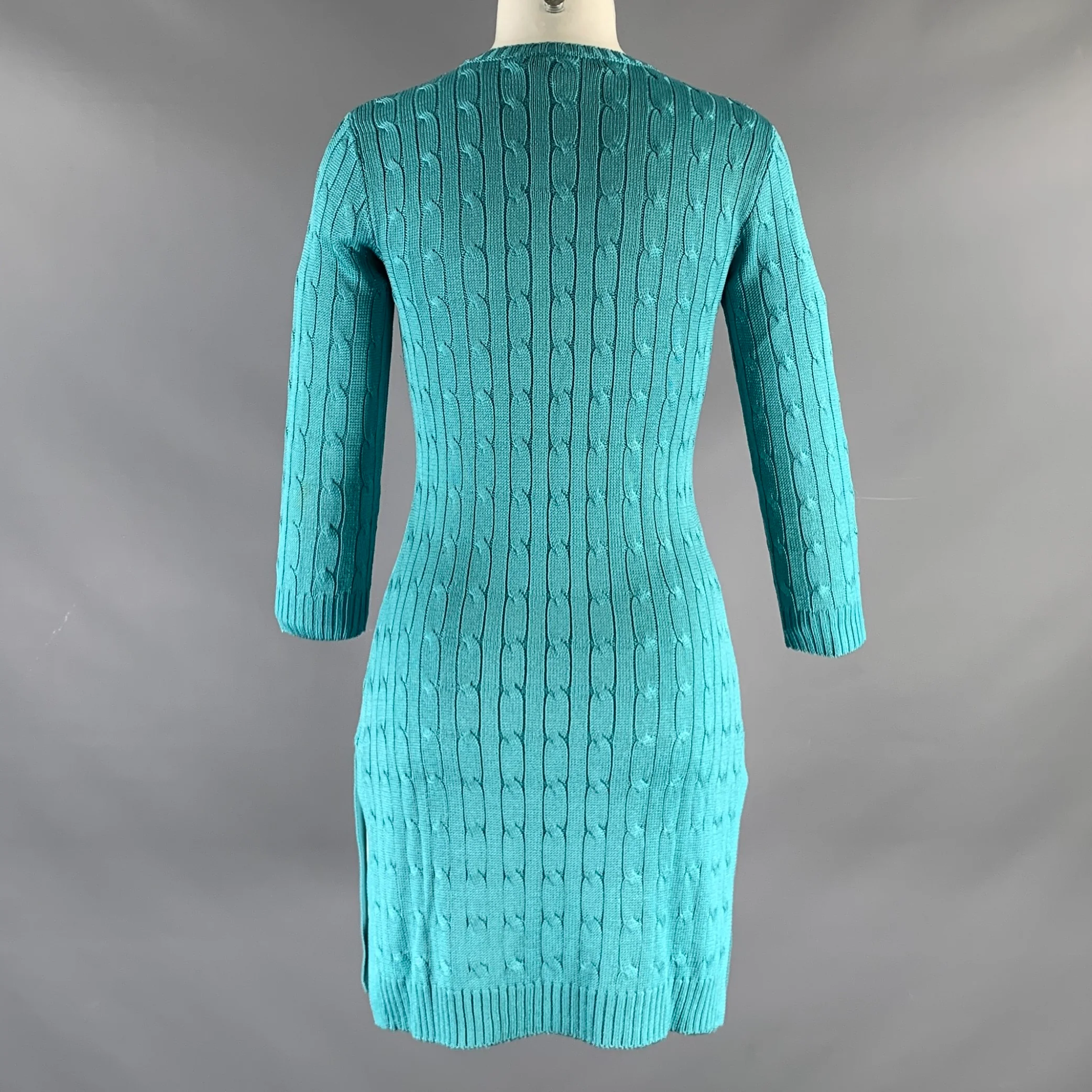 RALPH LAUREN Size S Blue Turquoise Silk Cable Long Sleeve Dress - Image 3