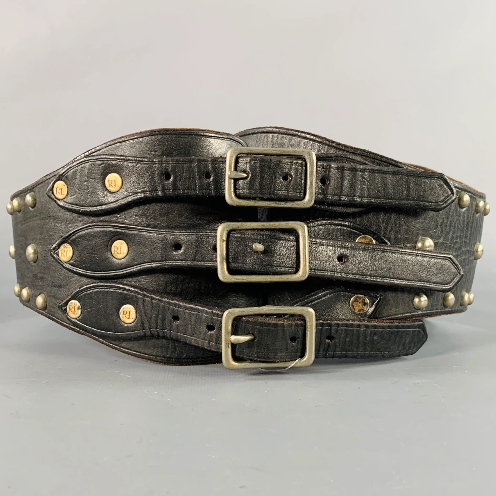 RALPH LAUREN Size S Brown Silver Studded High Waisted Leather Metal 3 Buckle Belt