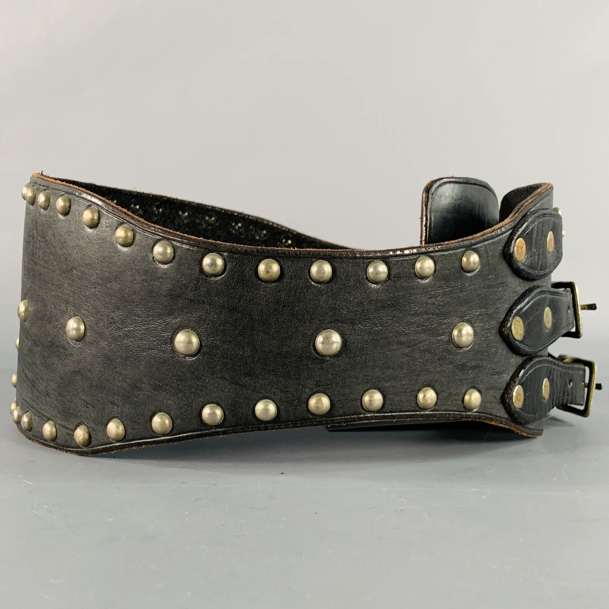RALPH LAUREN Size S Brown Silver Studded High Waisted Leather Metal 3 Buckle Belt - Image 2
