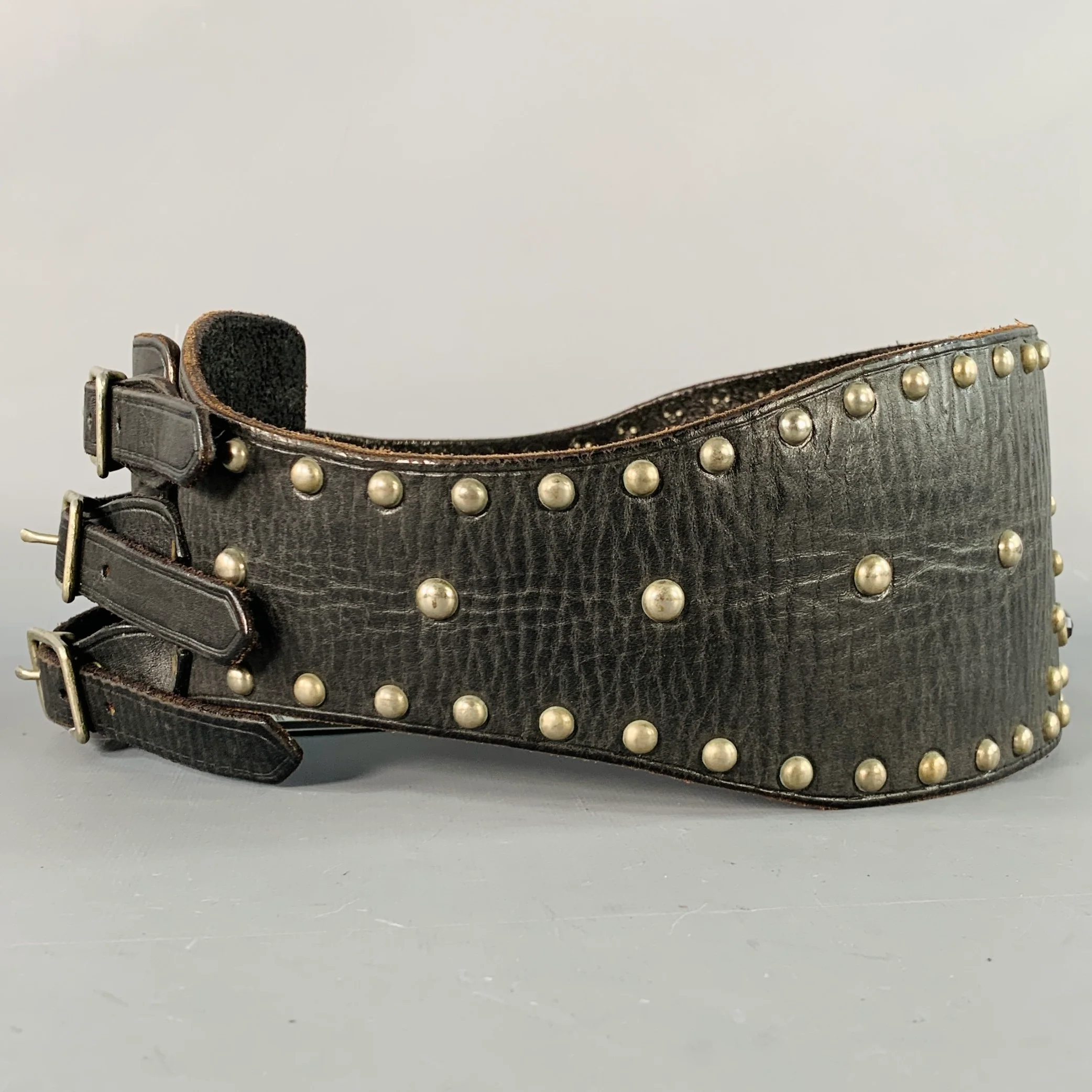 RALPH LAUREN Size S Brown Silver Studded High Waisted Leather Metal 3 Buckle Belt - Image 4