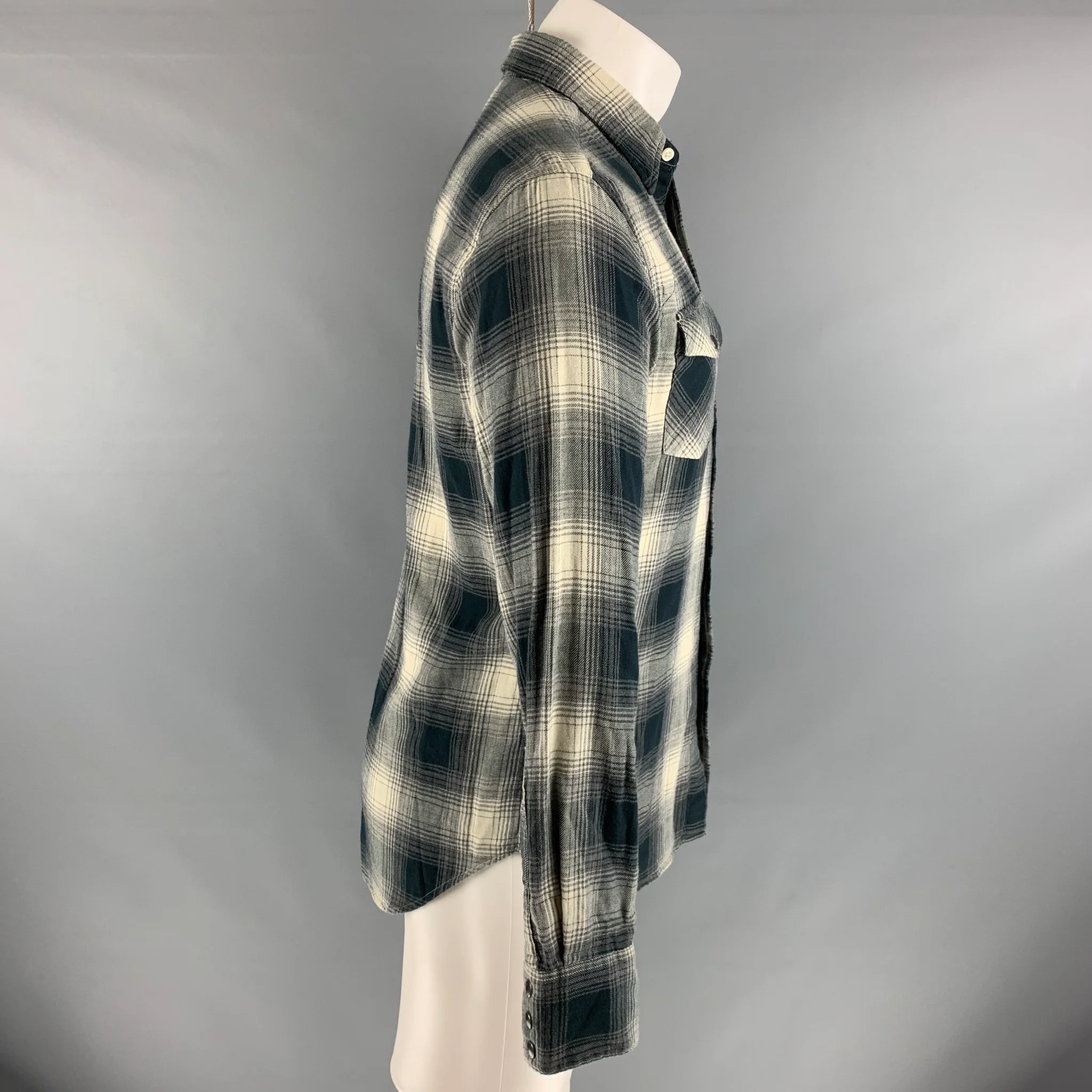 RALPH LAUREN Size S Grey Off White Plaid Cotton Snaps Long Sleeve Shirt - Image 2