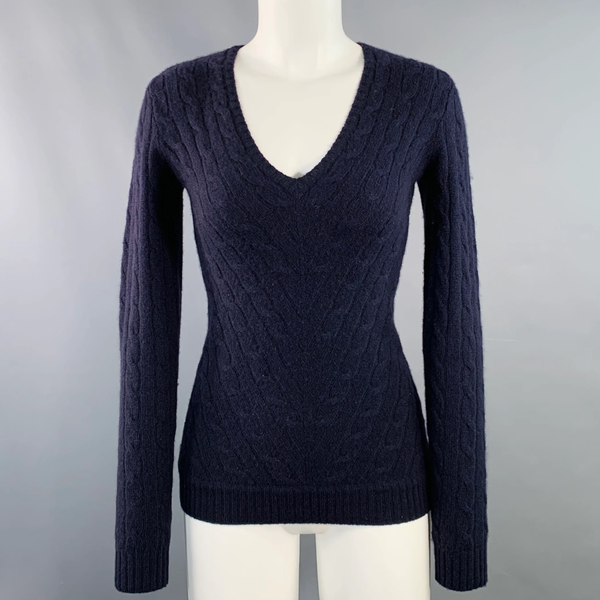 RALPH LAUREN Size S Navy Cashmere Cable Knit Slim Fit V-Neck Sweater