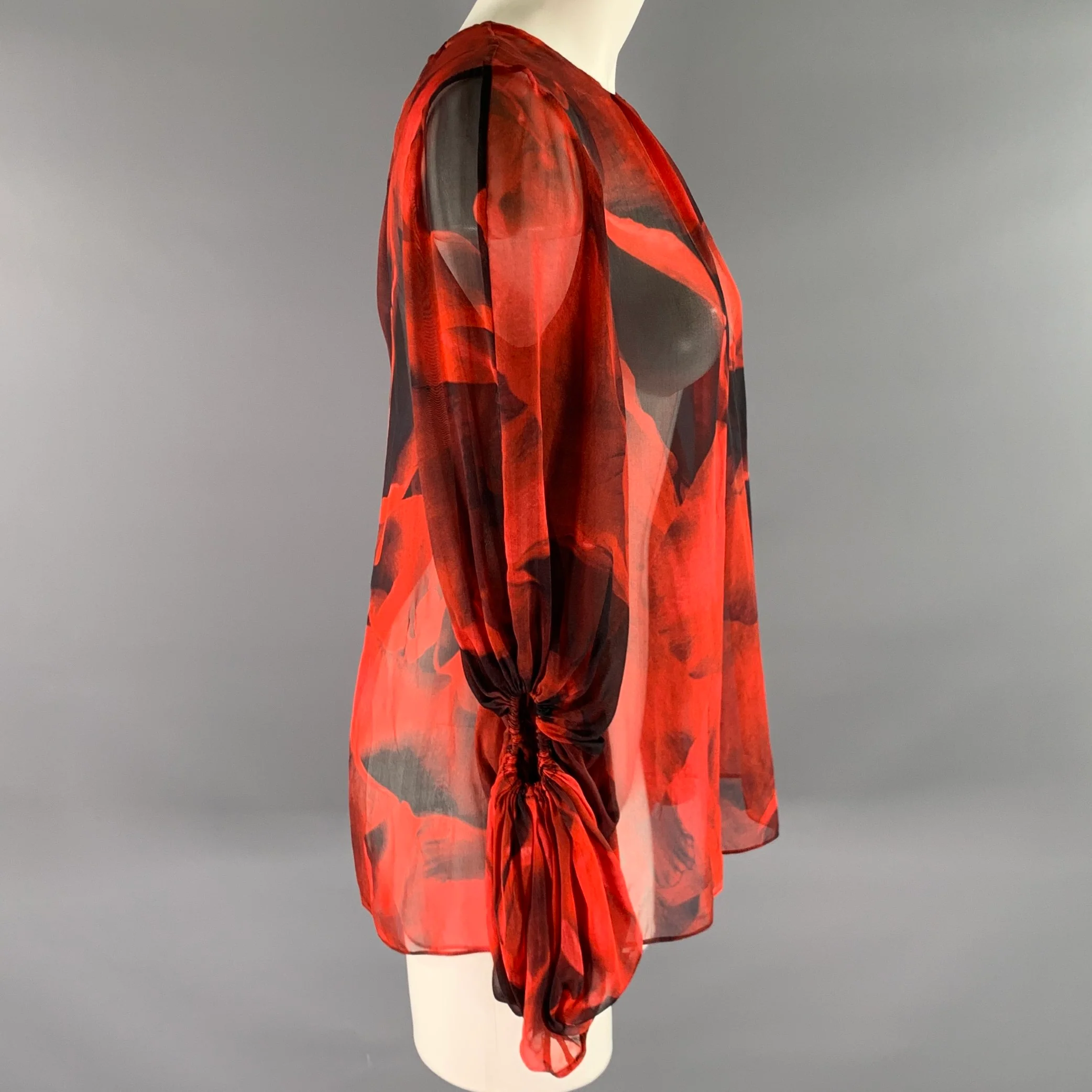 RALPH LAUREN Size S Red Black Abstract Chiffon Blouse - Image 3