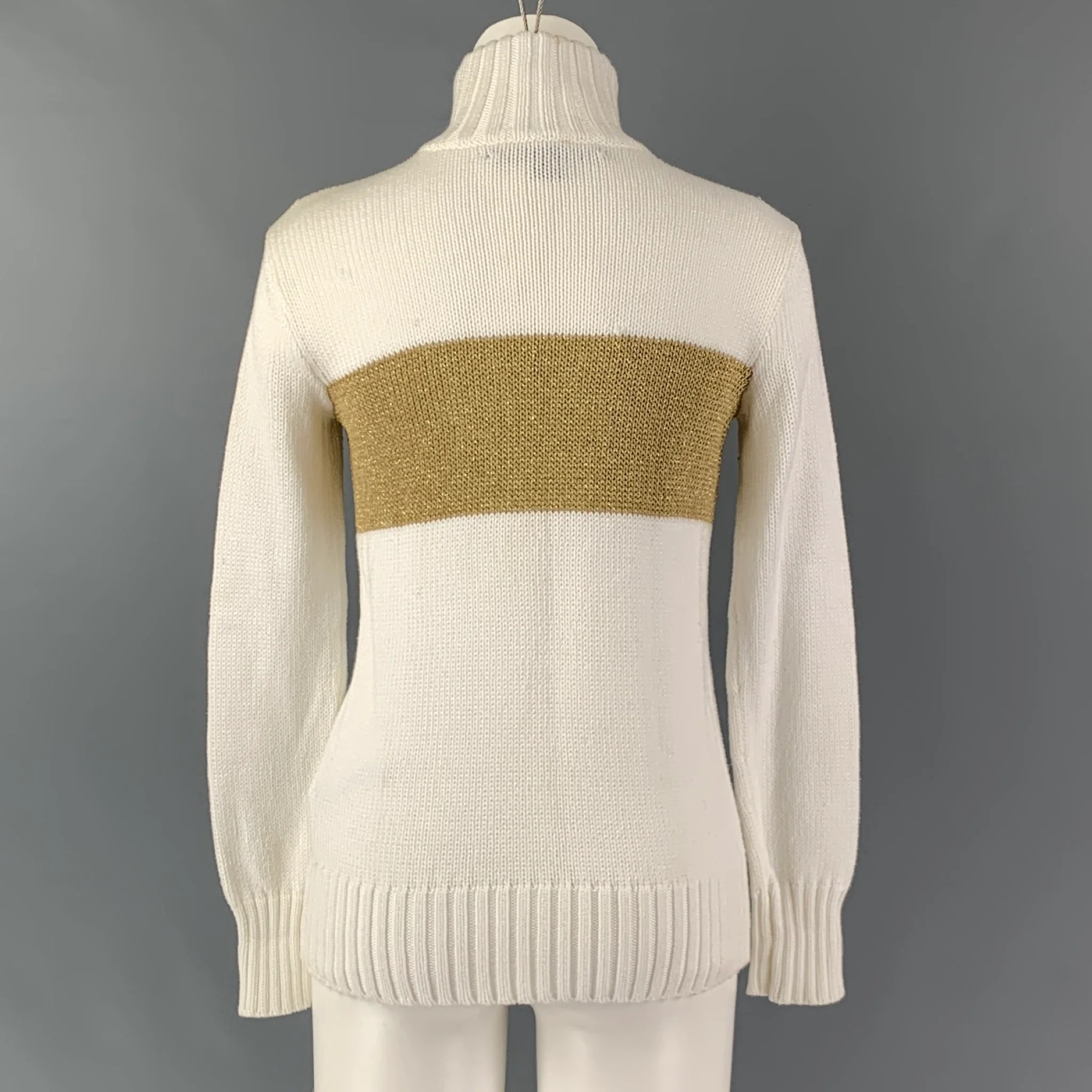 RALPH LAUREN Size XS Cream Gold Cotton Blend Color Block Sweater - Image 3