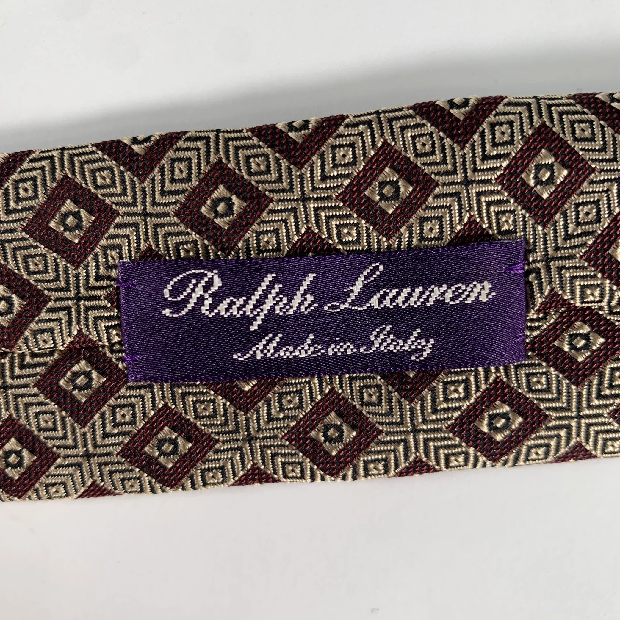 RALPH LAUREN Tan Burgundy & Brown Geometric Silk Tie - Image 3