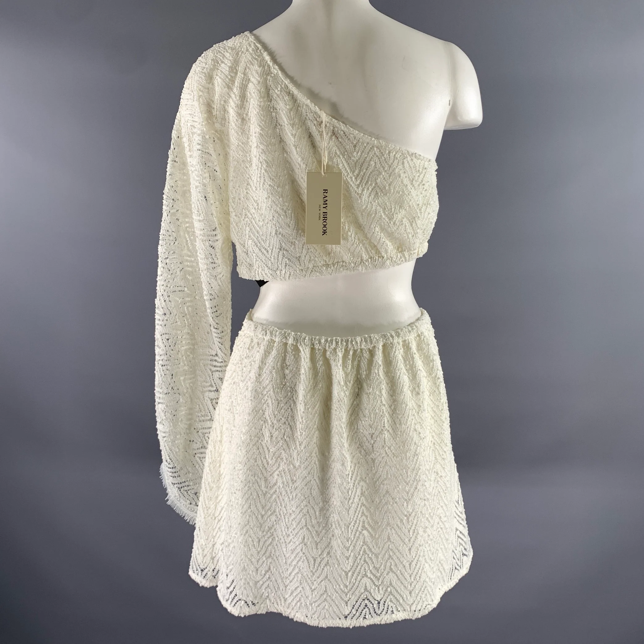RAMY BROOK Size M White Polyester Chevron One Shoulder Mini Dress - Image 4