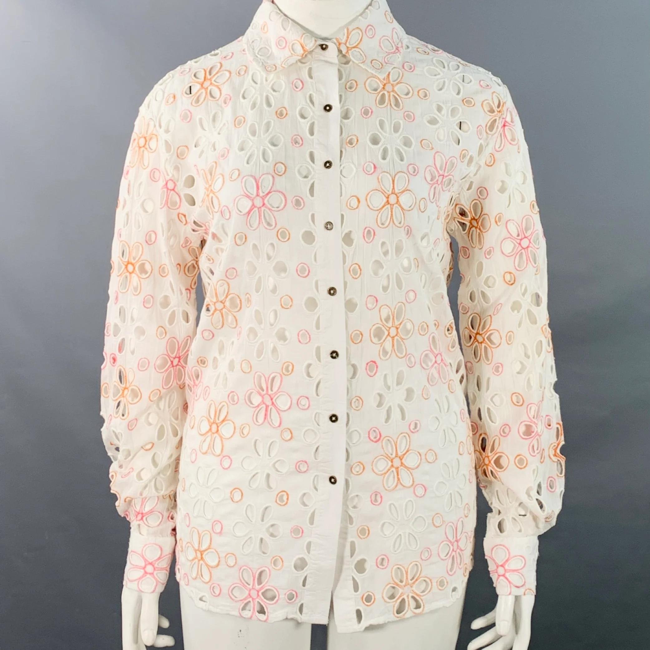 RAMY BROOK Size XL White Pink Orange Cotton Cut Out Button Up Casual Top