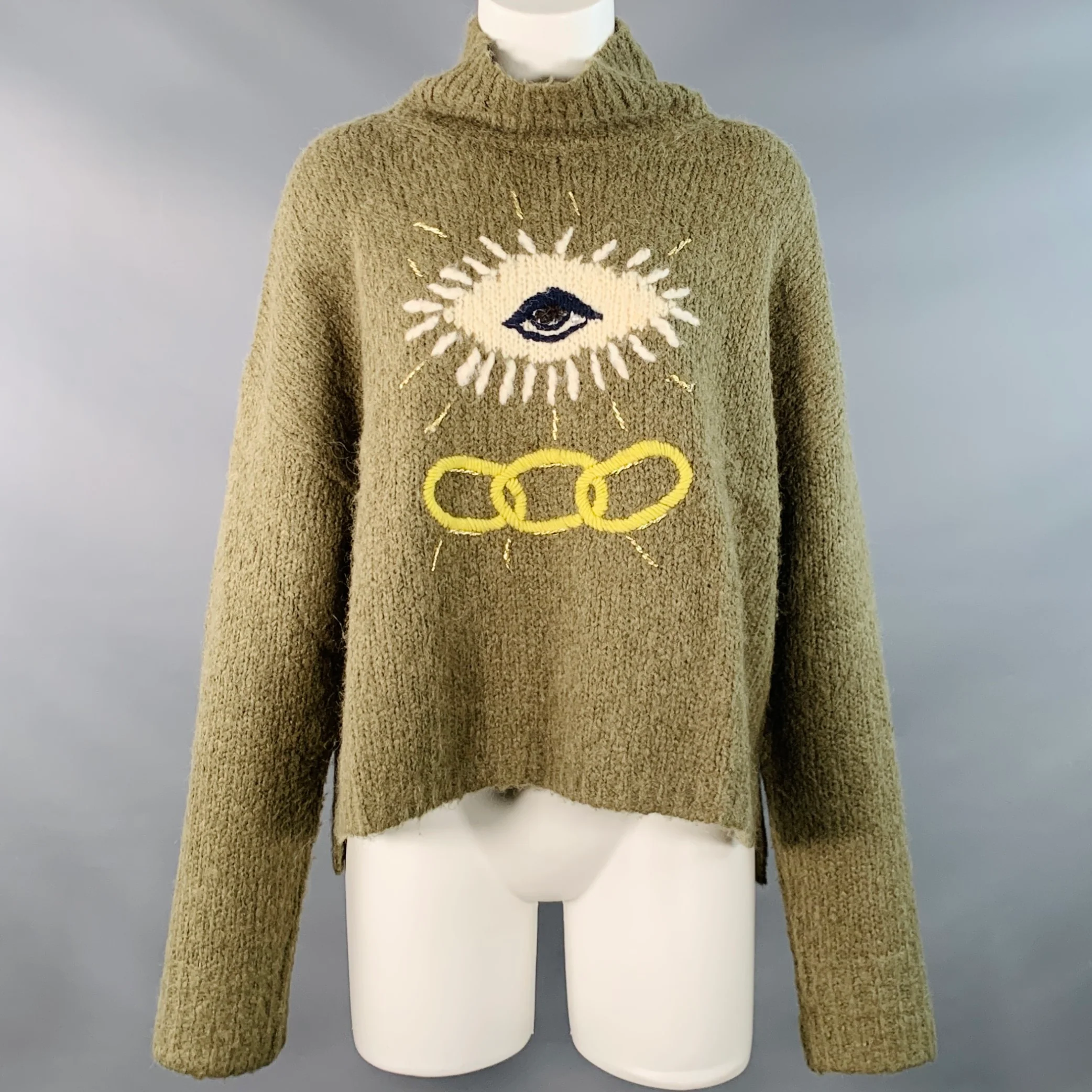RAQUEL ALLEGRA Size 2 Green White Yellow Alpaca Blend Knit Eye Chain Sweater