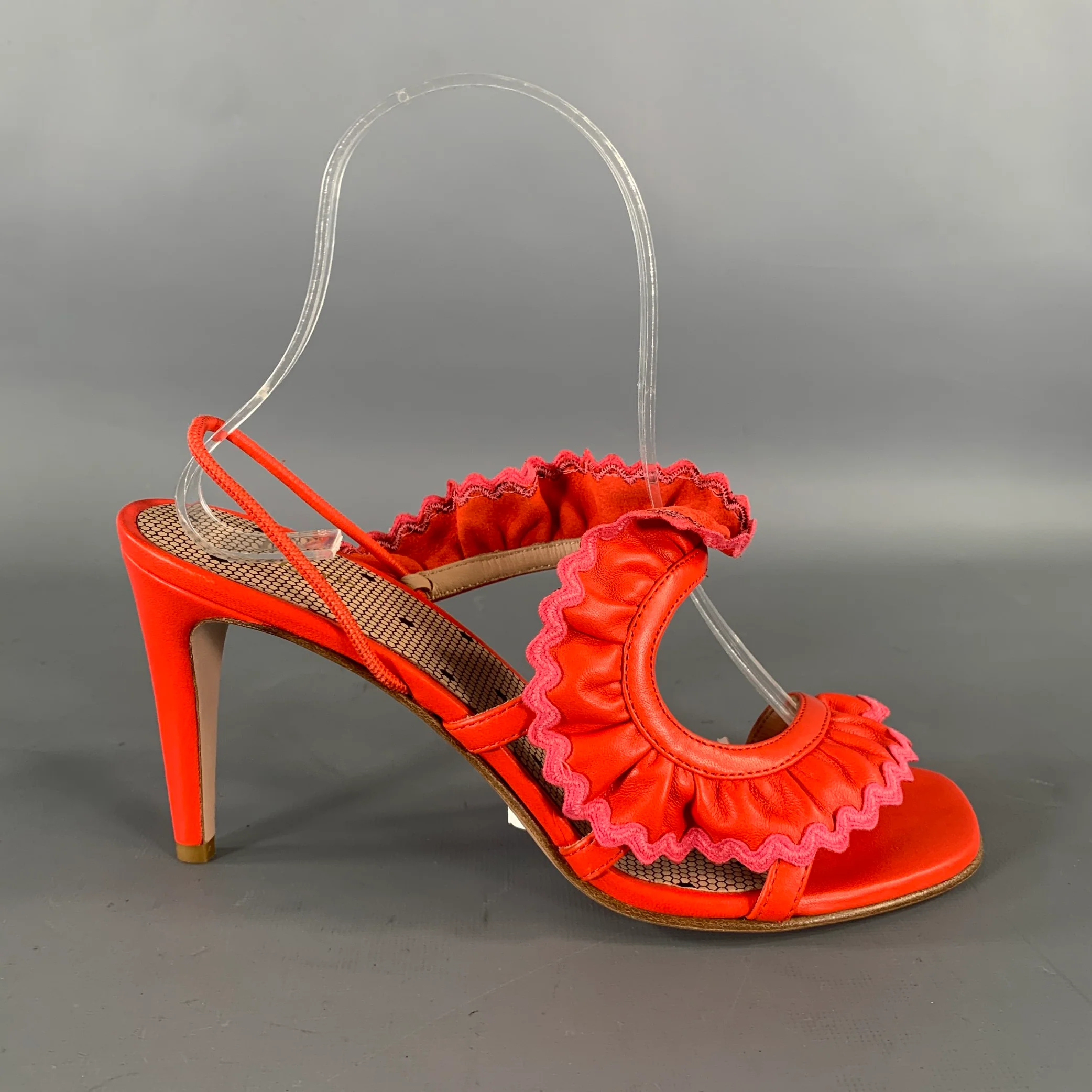 RED VALENTINO Size 7 Orange Pink Ruffled Strappy Sandals - Image 2