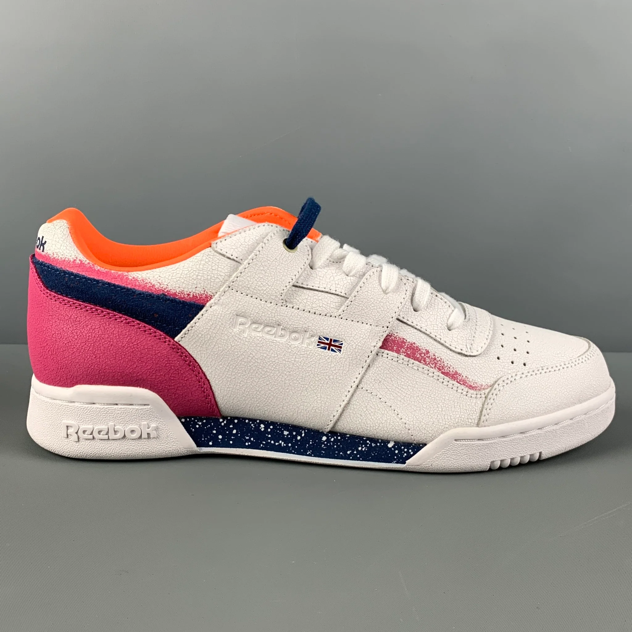 REEBOK Size 10.5 White Magenta Color Block Leather Lace Up Sneakers