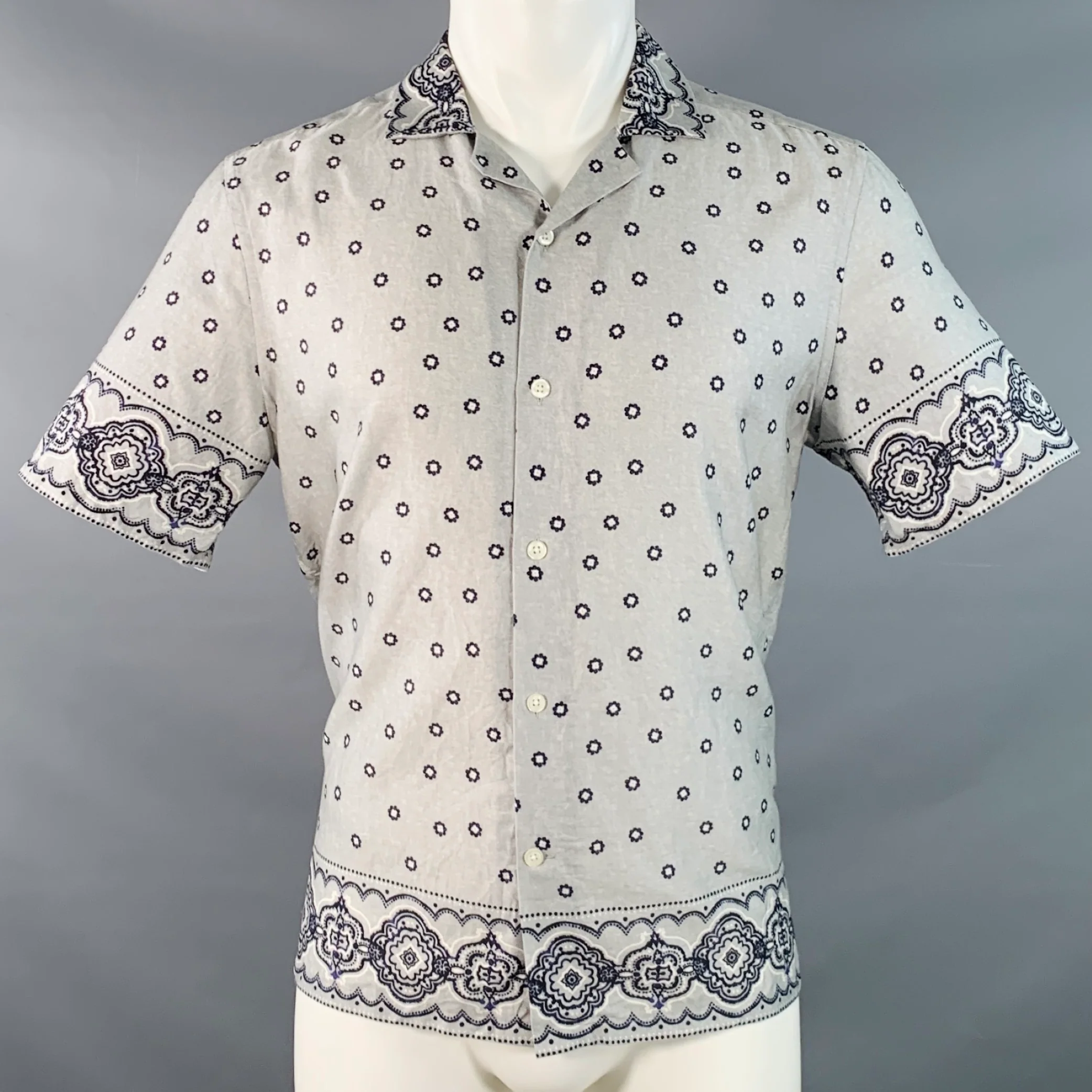 REISS Size M Murph Grey Navy Bandana Cotton Camp Short Sleeve Shirt