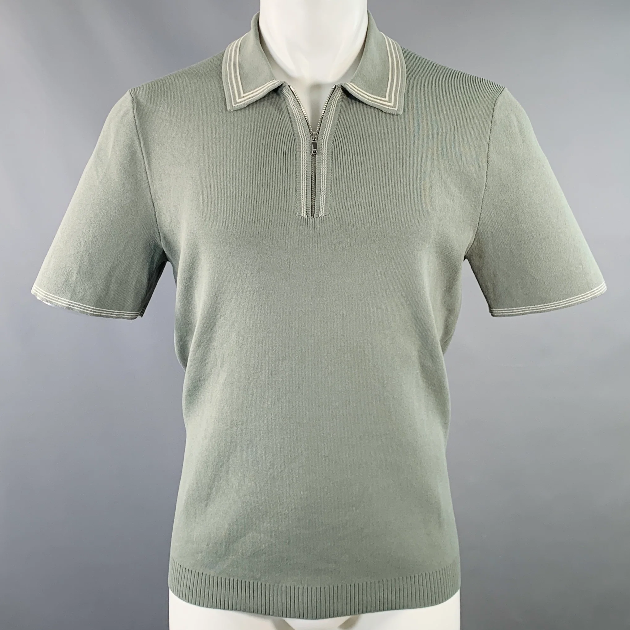 REISS Size M Stetson Green White Contrast Trim Viscose Blend Zip Up Polo