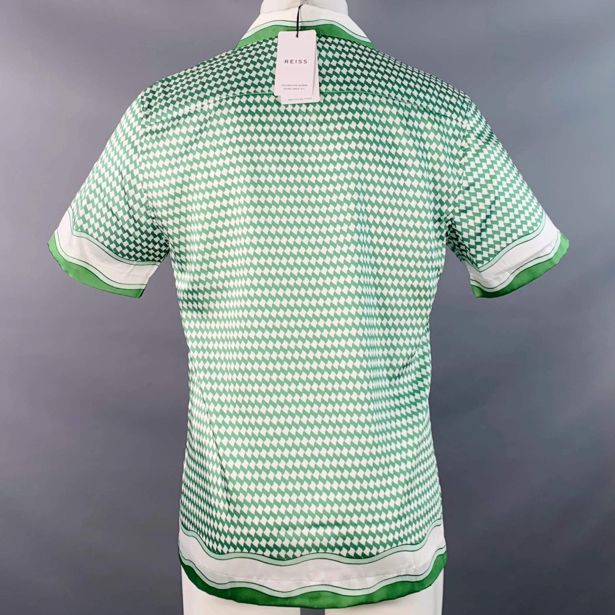 REISS Size M Vanpelt Green Ivory Geometric Polyester Regular Fit Camp Short Sleeve Shirt - Image 5